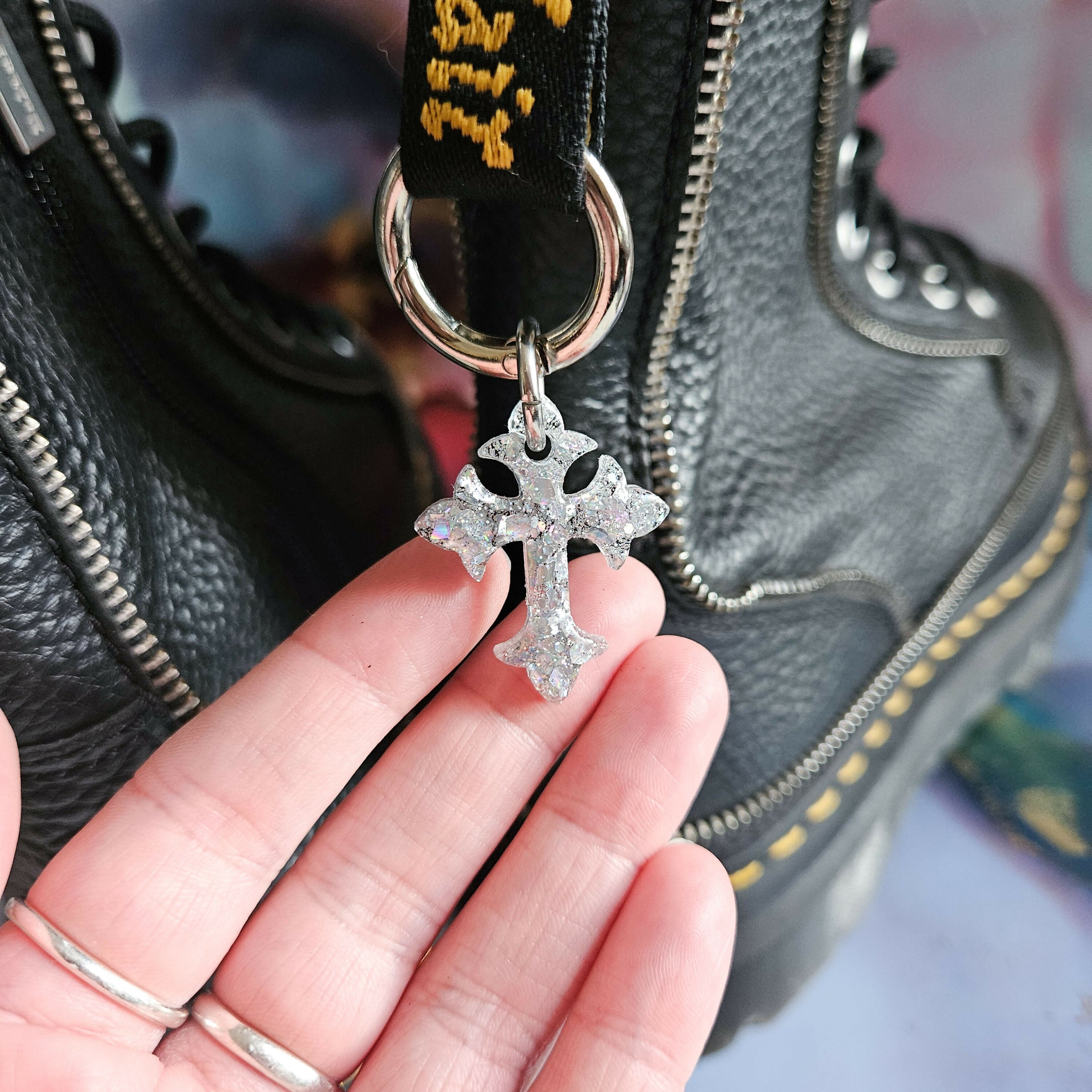 Handmade Resin Silver Glitter Cross Boot Charms