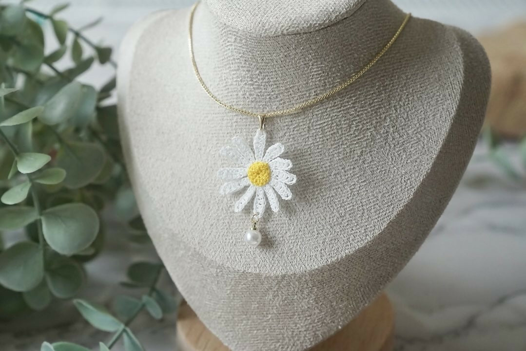 White Daisy Flower with Pearl Necklace