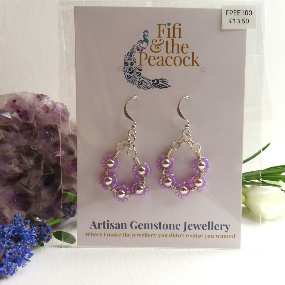 Dainty Bouquet Earrings - 5 Stone - 4mm Silver Haematite, Lilac Silver Lined Opal Dyed Alabaster Seed Beads, Silver Plated Ear Wires