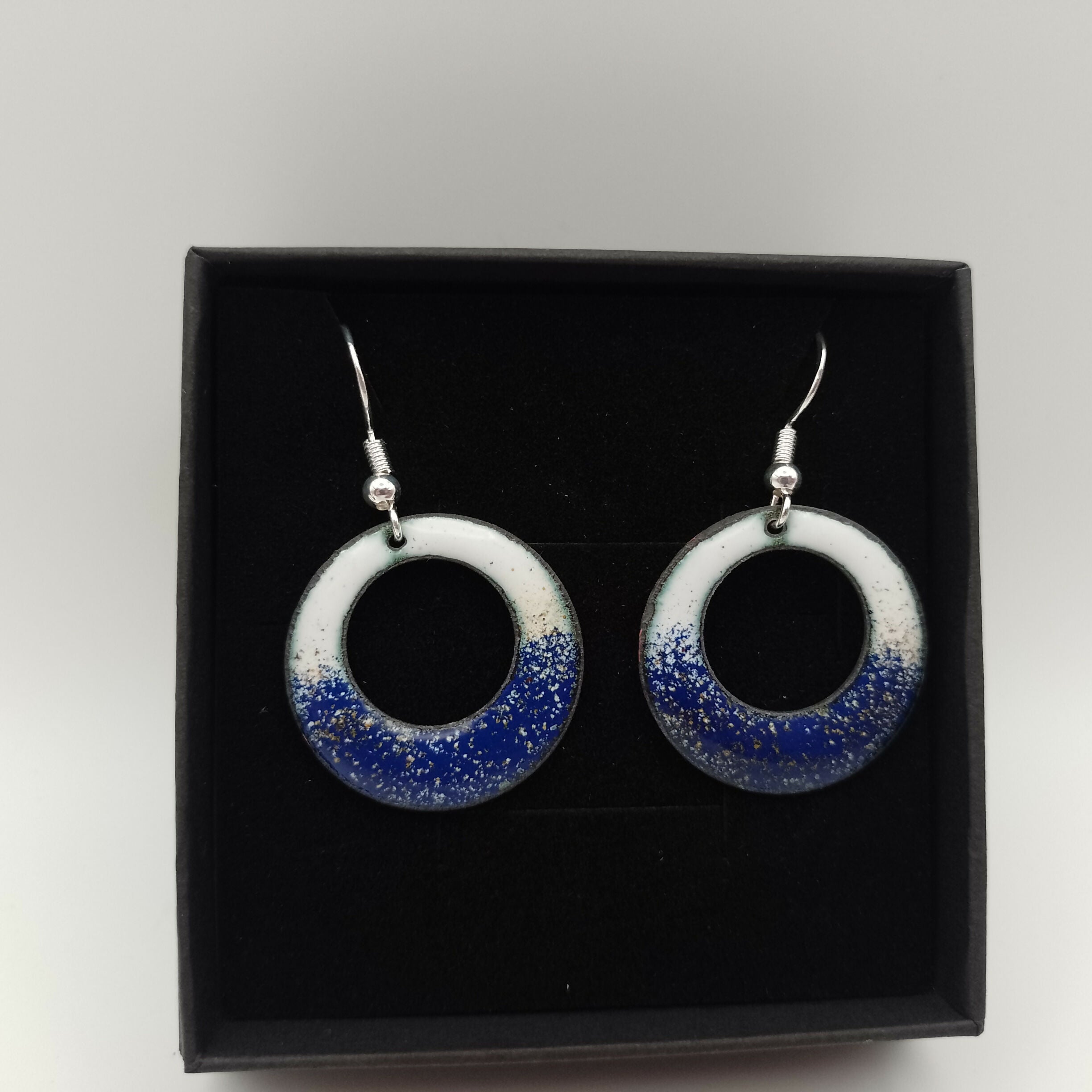 White and Dark Blue Enamel Hoop Earrings