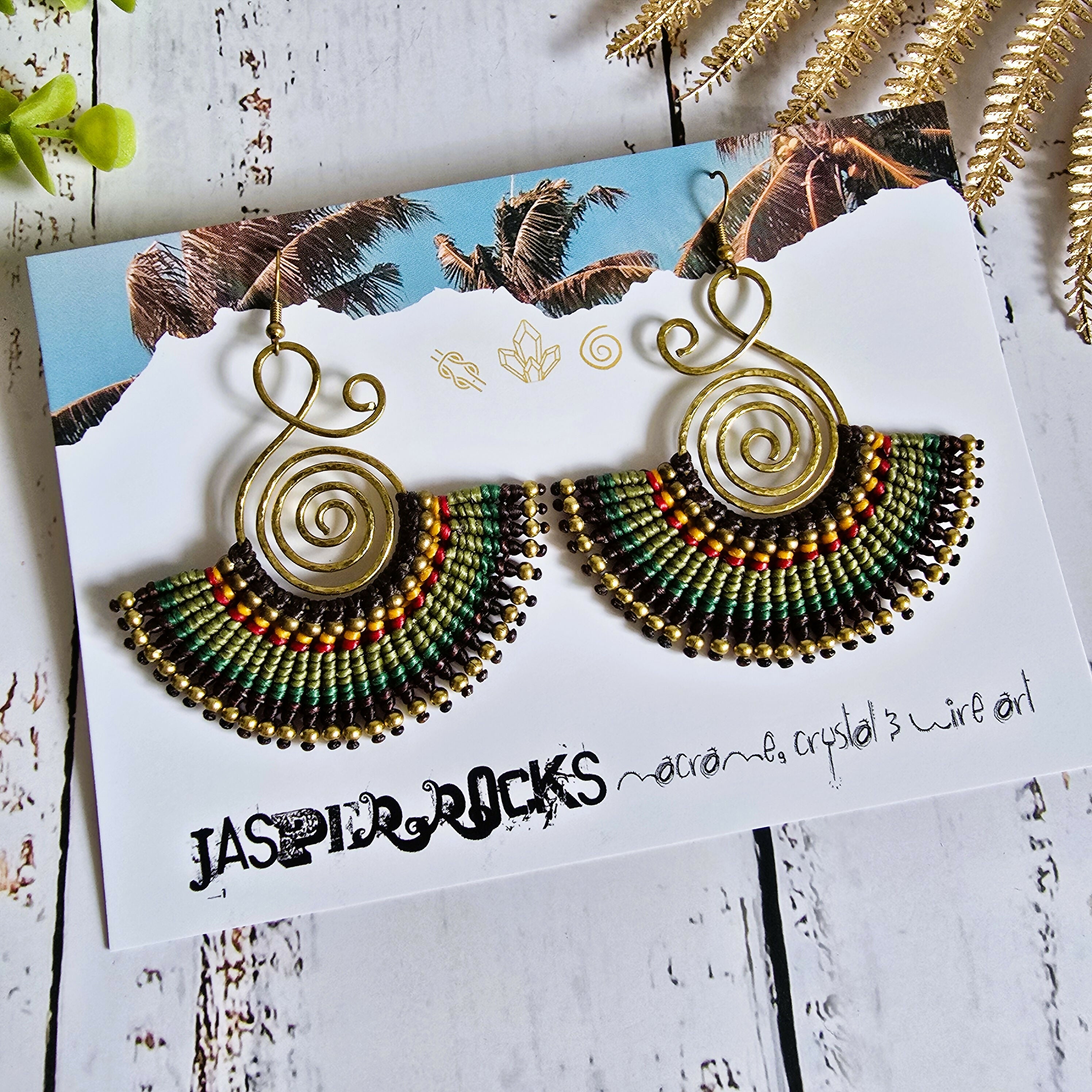 Emerald Green Fan Earrings; Bold Bohemian Macramé & Gold Wire-Art Statement Earrings