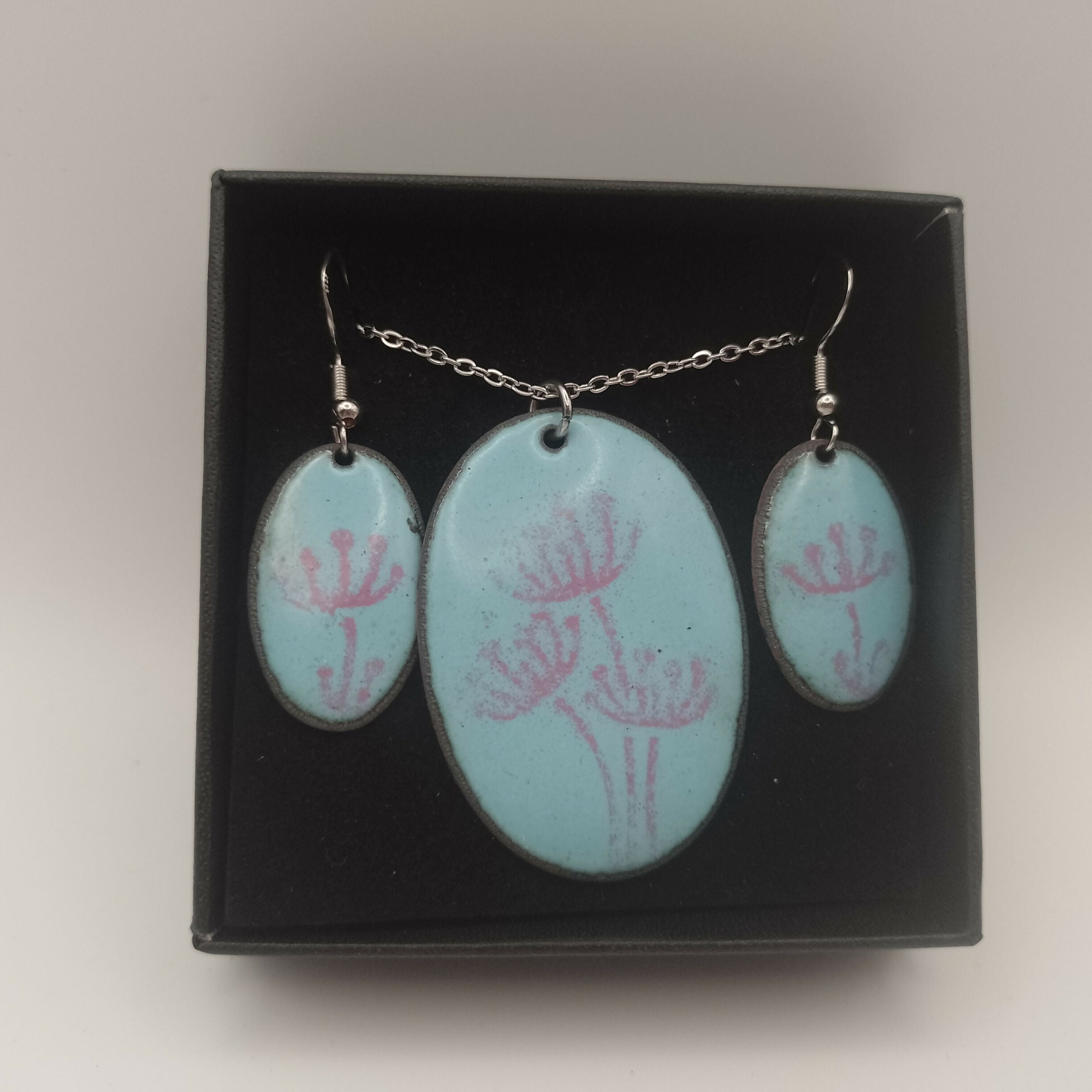 Light Blue and Pink Flower Enamel Pendant and Earring Set
