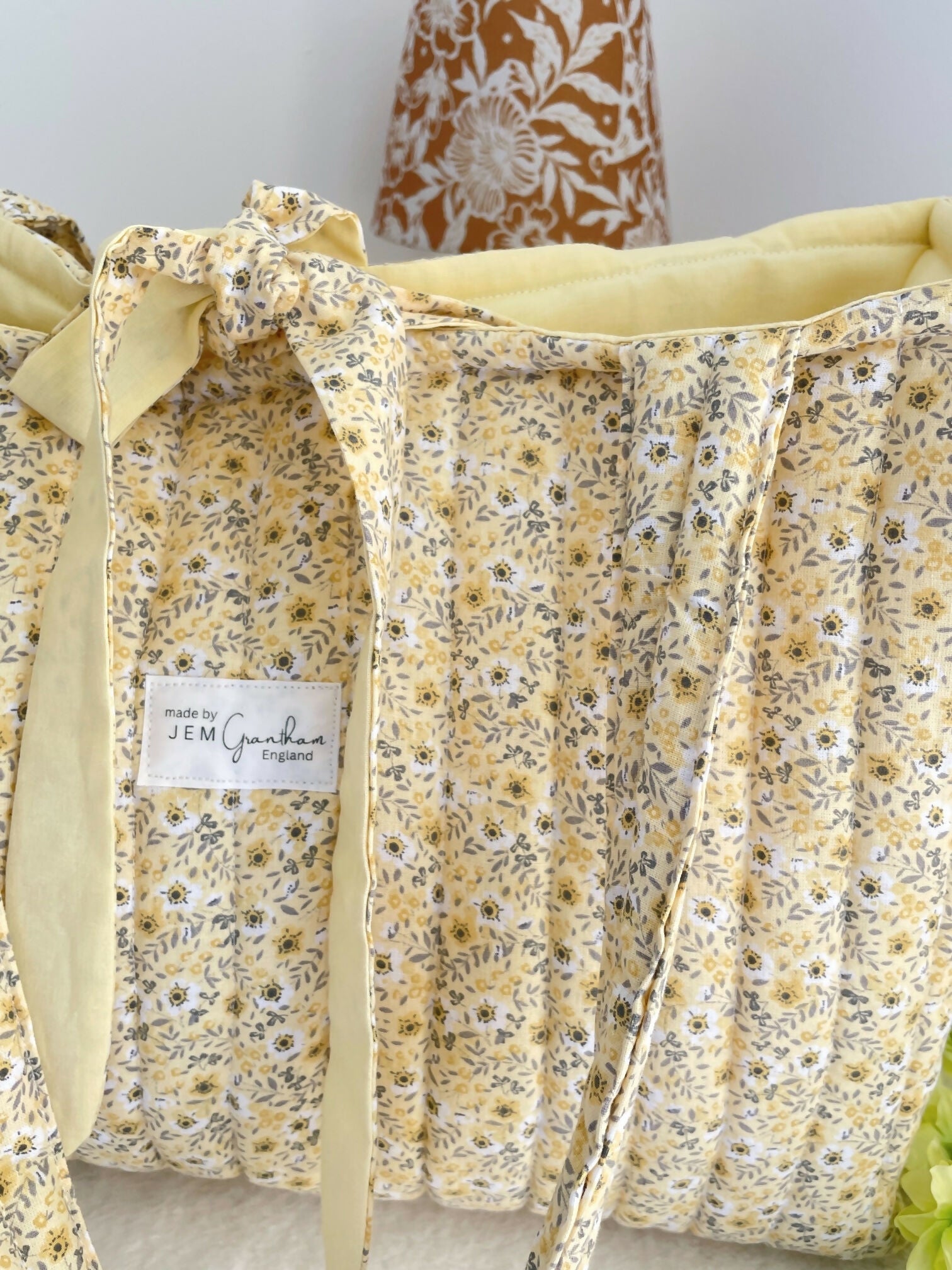Quilted Tote Bag Yellow Ditsy with ribbon Closure Handmade