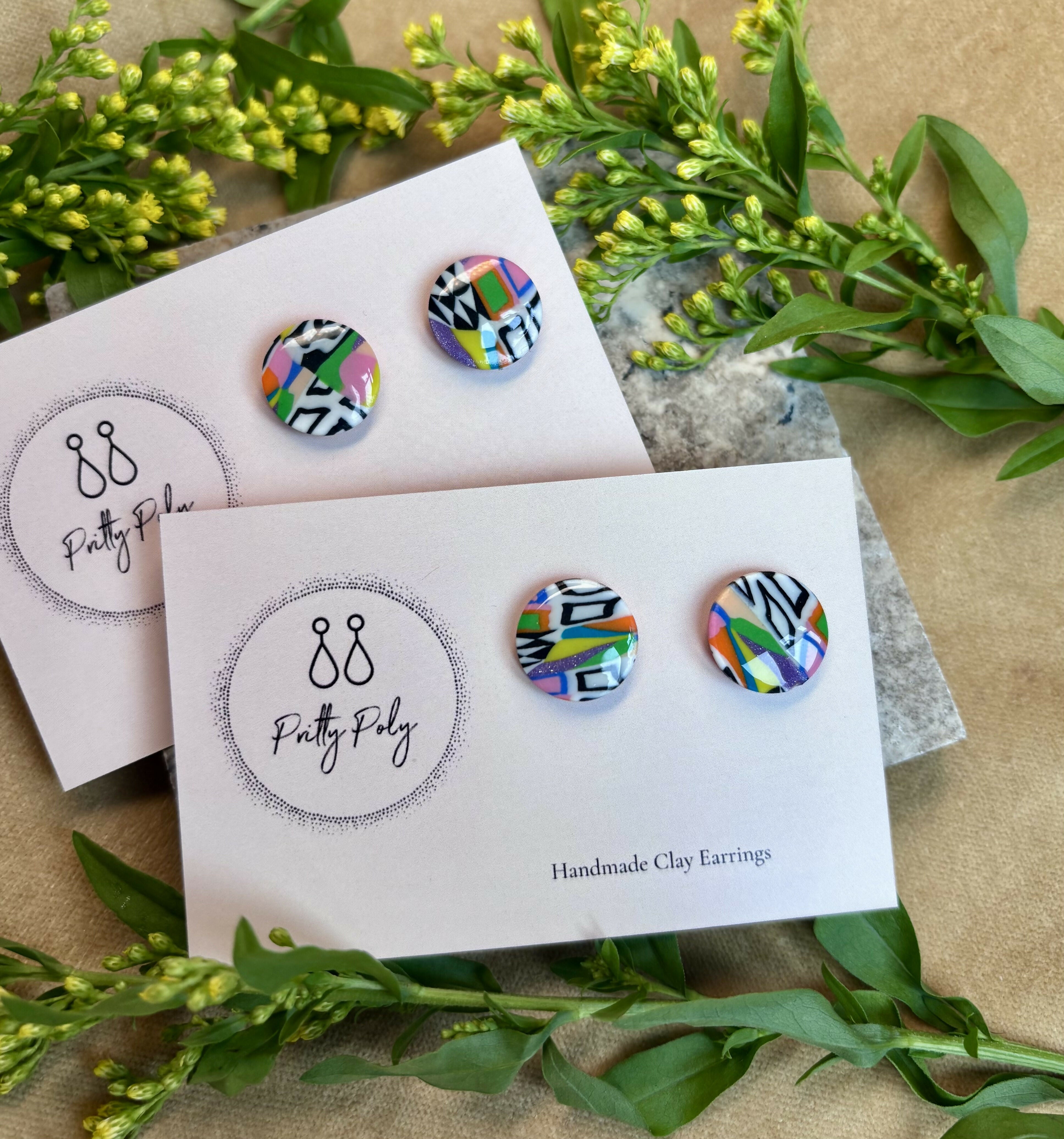 Colour, Black and Pattern Round Polymer Clay Studs