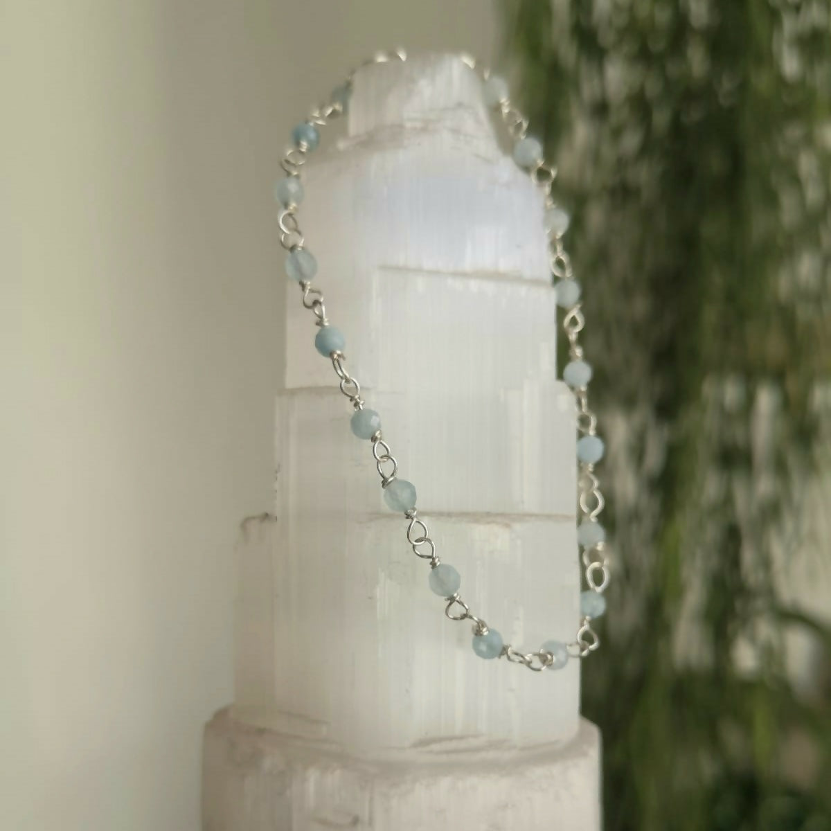 Hand Wrapped Sterling Silver Bracelet with Faceted Aquamarine Beads