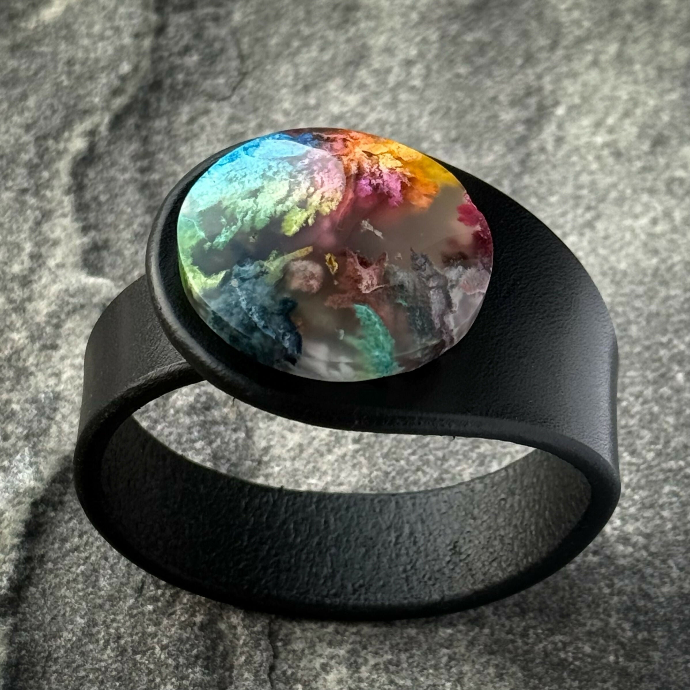 Handcrafted Natural Leather & Plume Agate Gemstone Bracelet - Size S or M