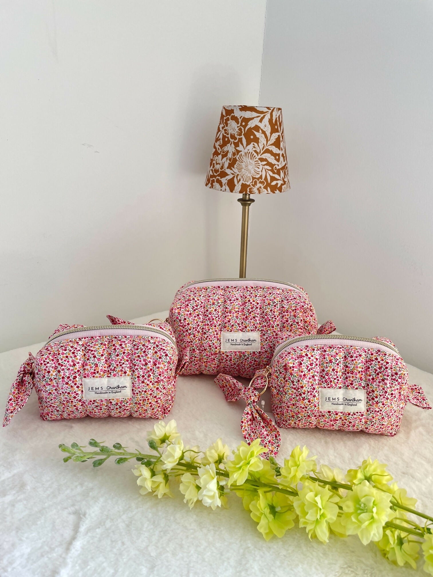 Ditsy Red Quilted Toiletry Bag with Zipper Handmade