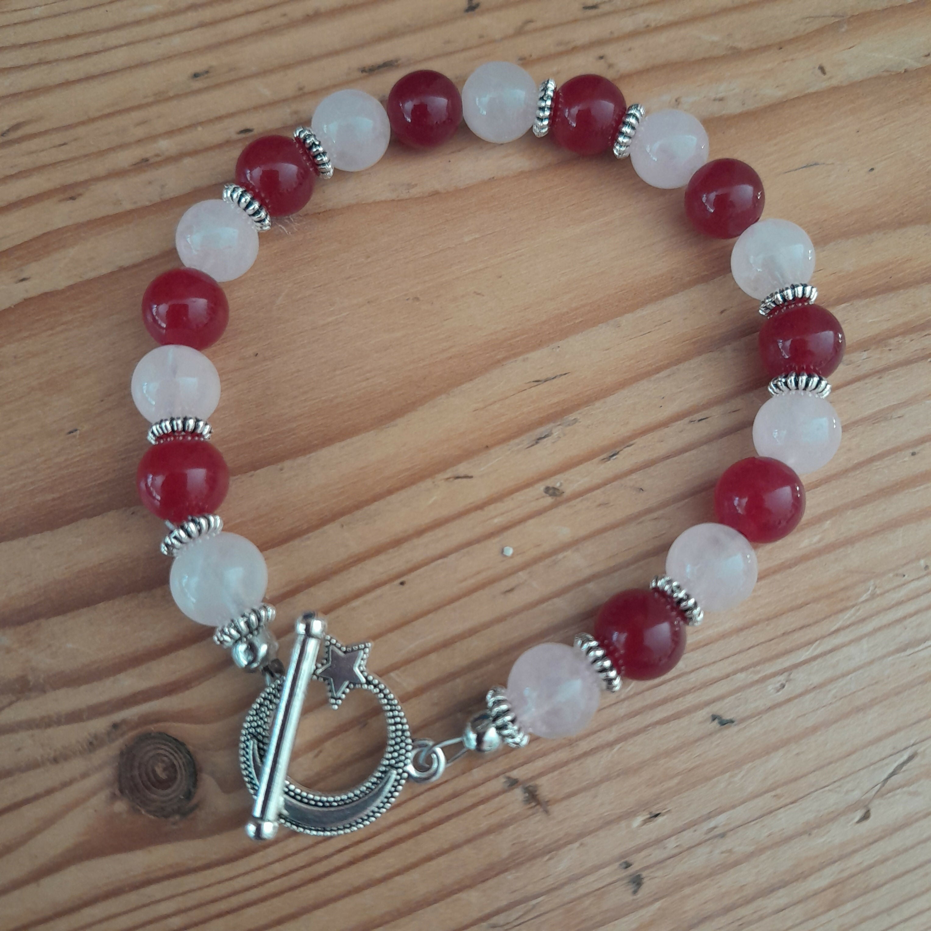 Tibetan Silver Toggle Bracelet with Tibetan Silver Spacers, Rose Quartz and Red Chalcedony.