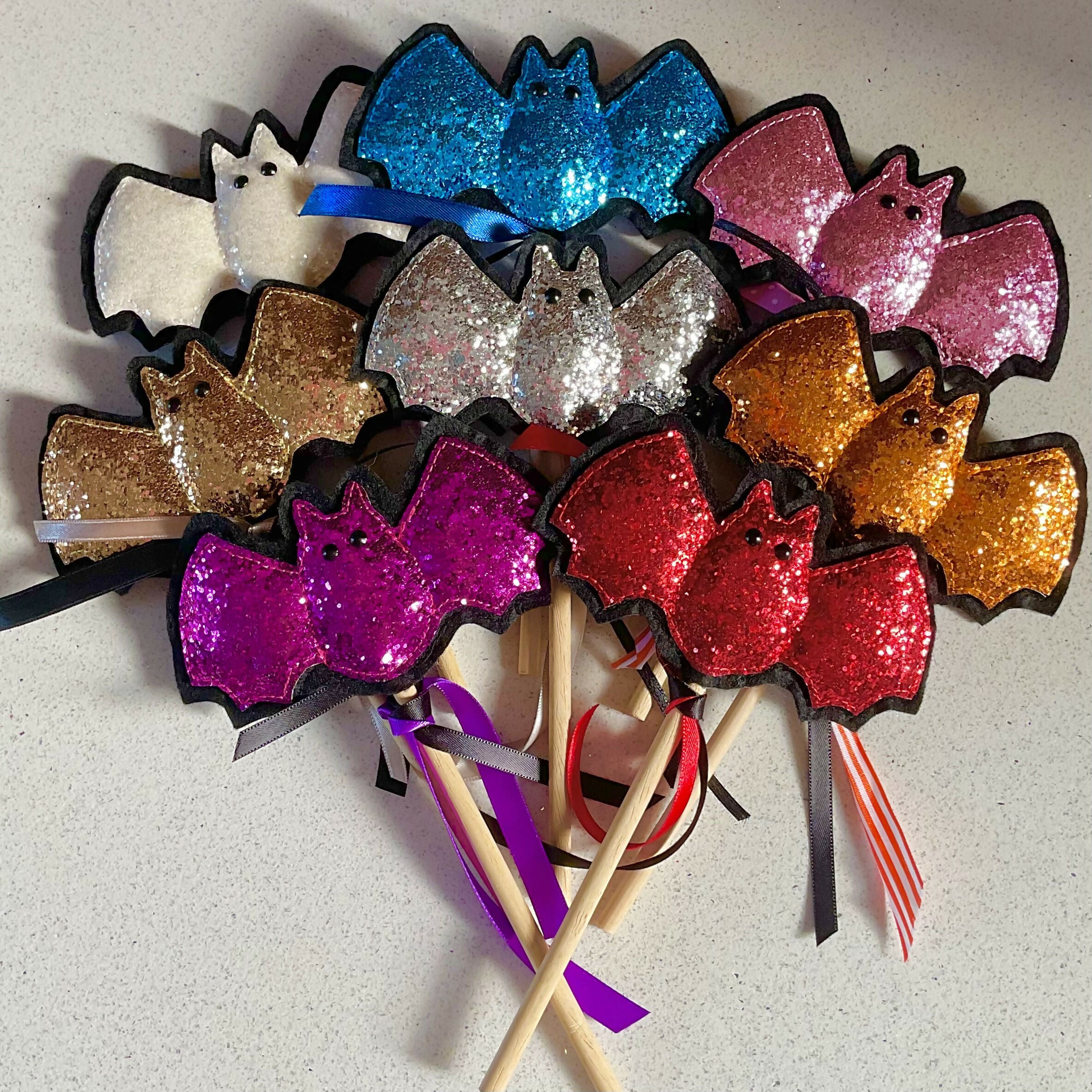 Sparkly Halloween Bat Decorations on Sticks, Handmade Colourful Bat Ornaments With Glitter