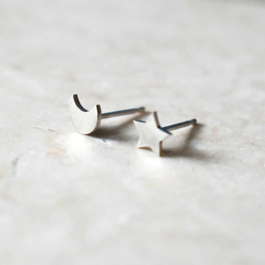 Sterling Silver Moon & Star Stud Earrings