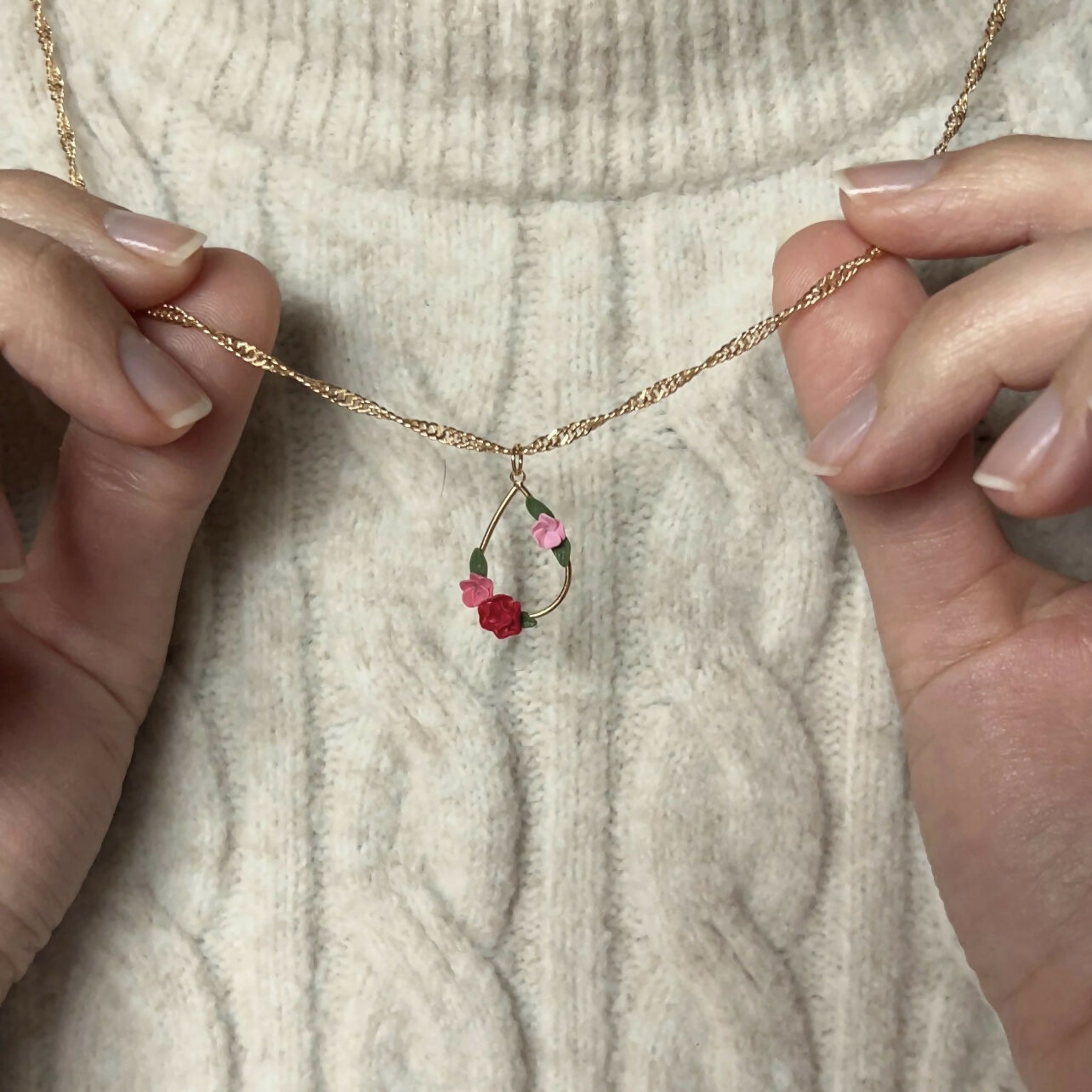 Pink Flower Teardrop Necklace