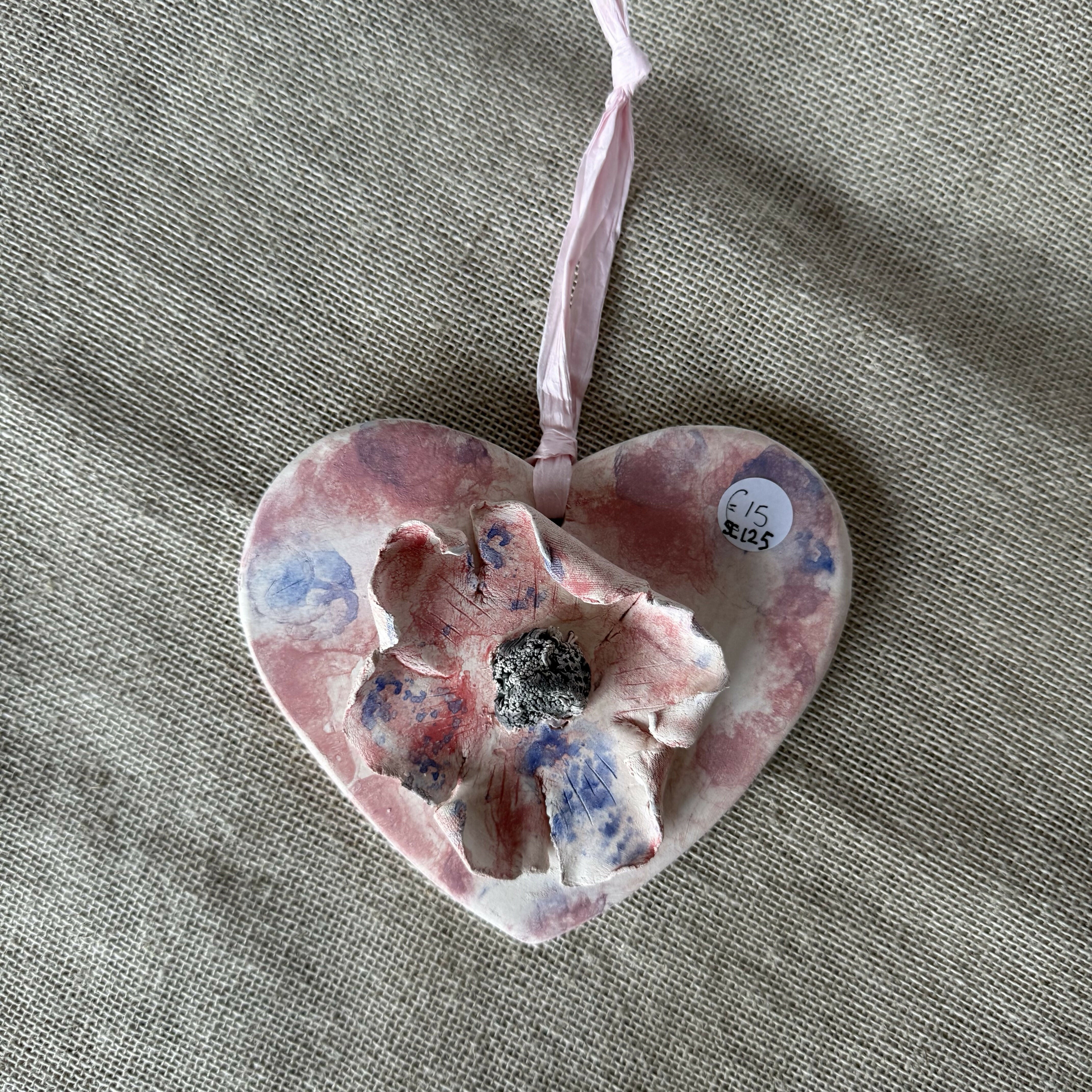 CERAMIC 3D HANGING HEART WITH FLOWER EMBELLISHMENT