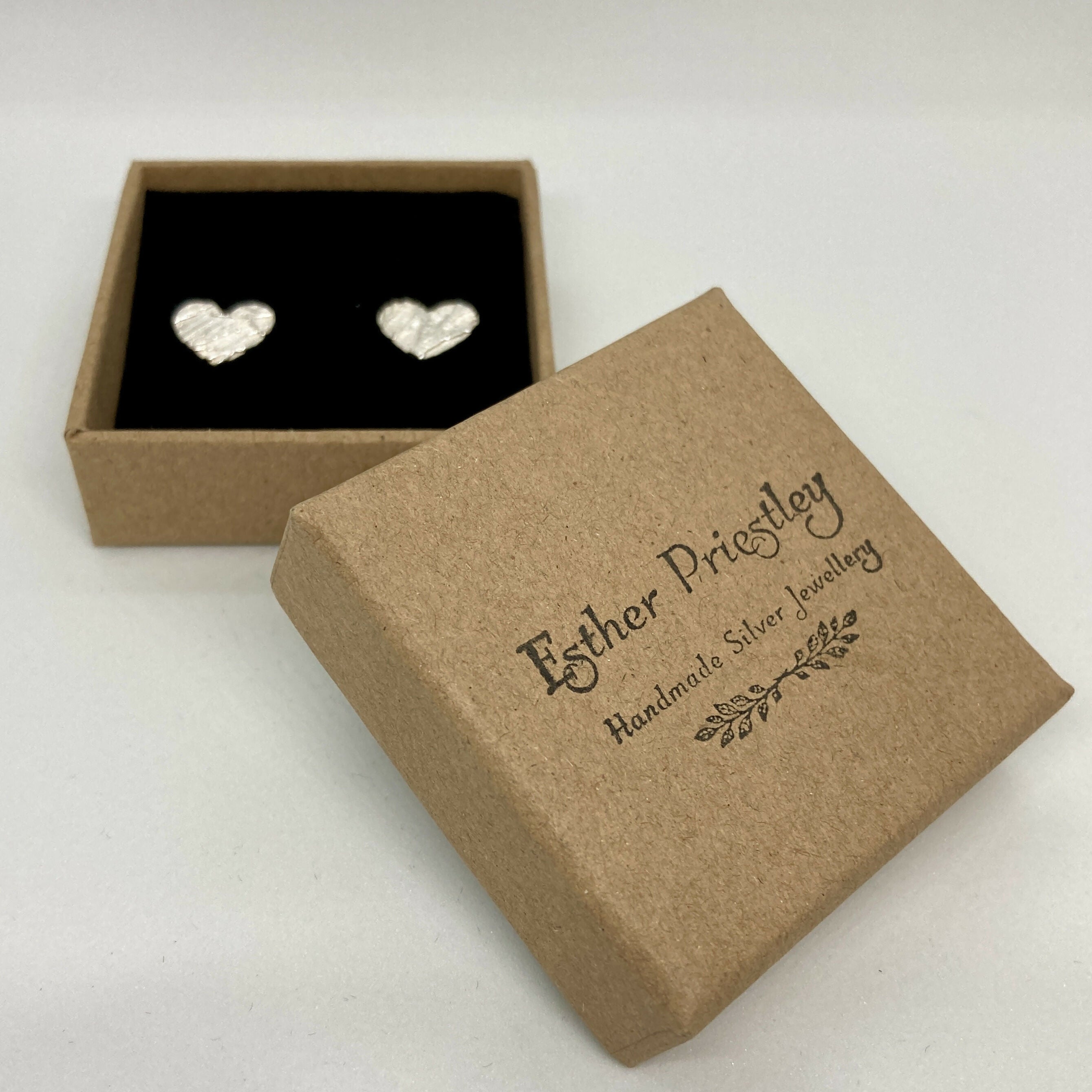 Handmade Textured Silver Heart Earrings with Silver Birch Branch Pattern on Sterling Silver Wires