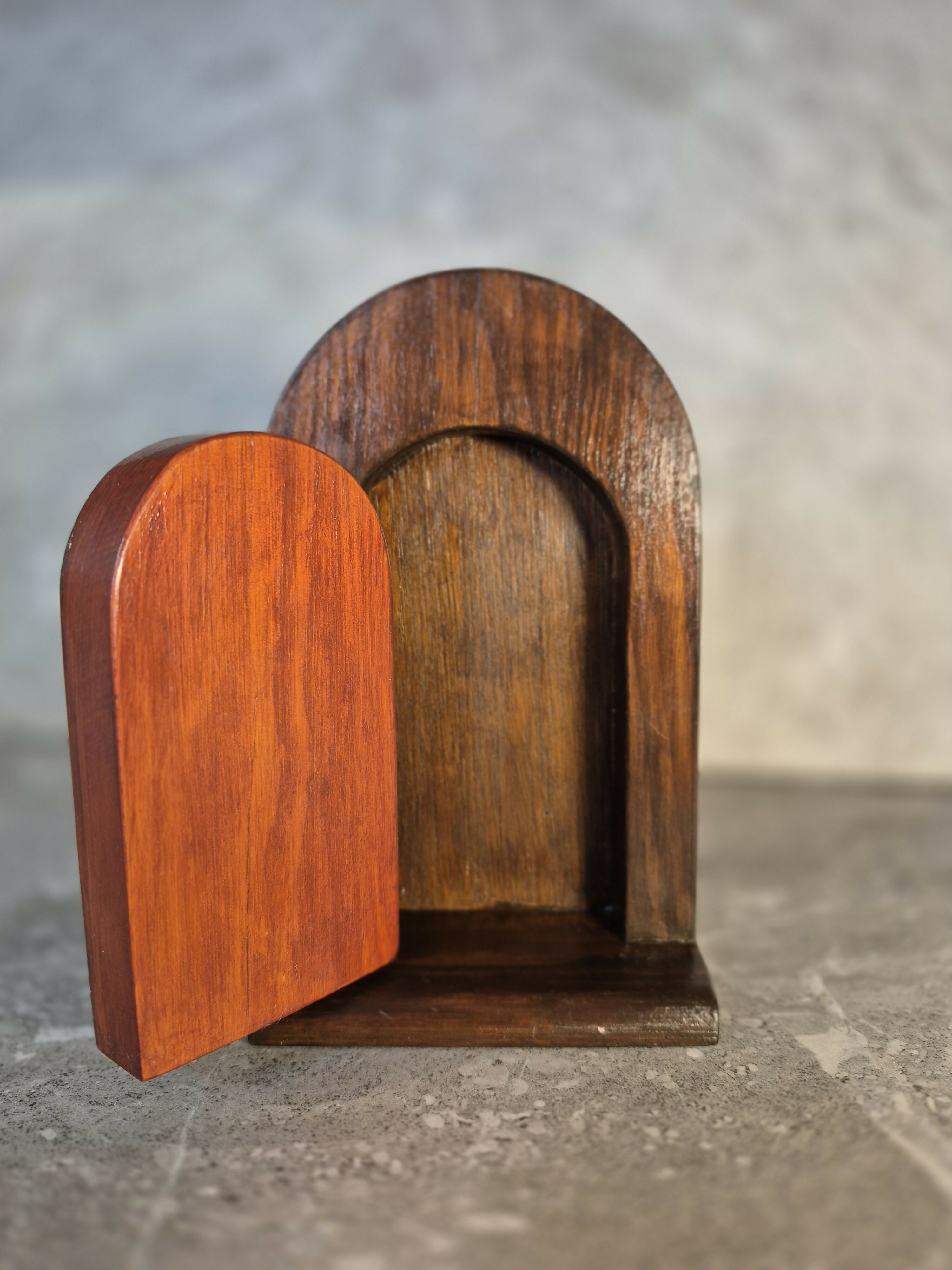Handcrafted round arch wooden fairy door.