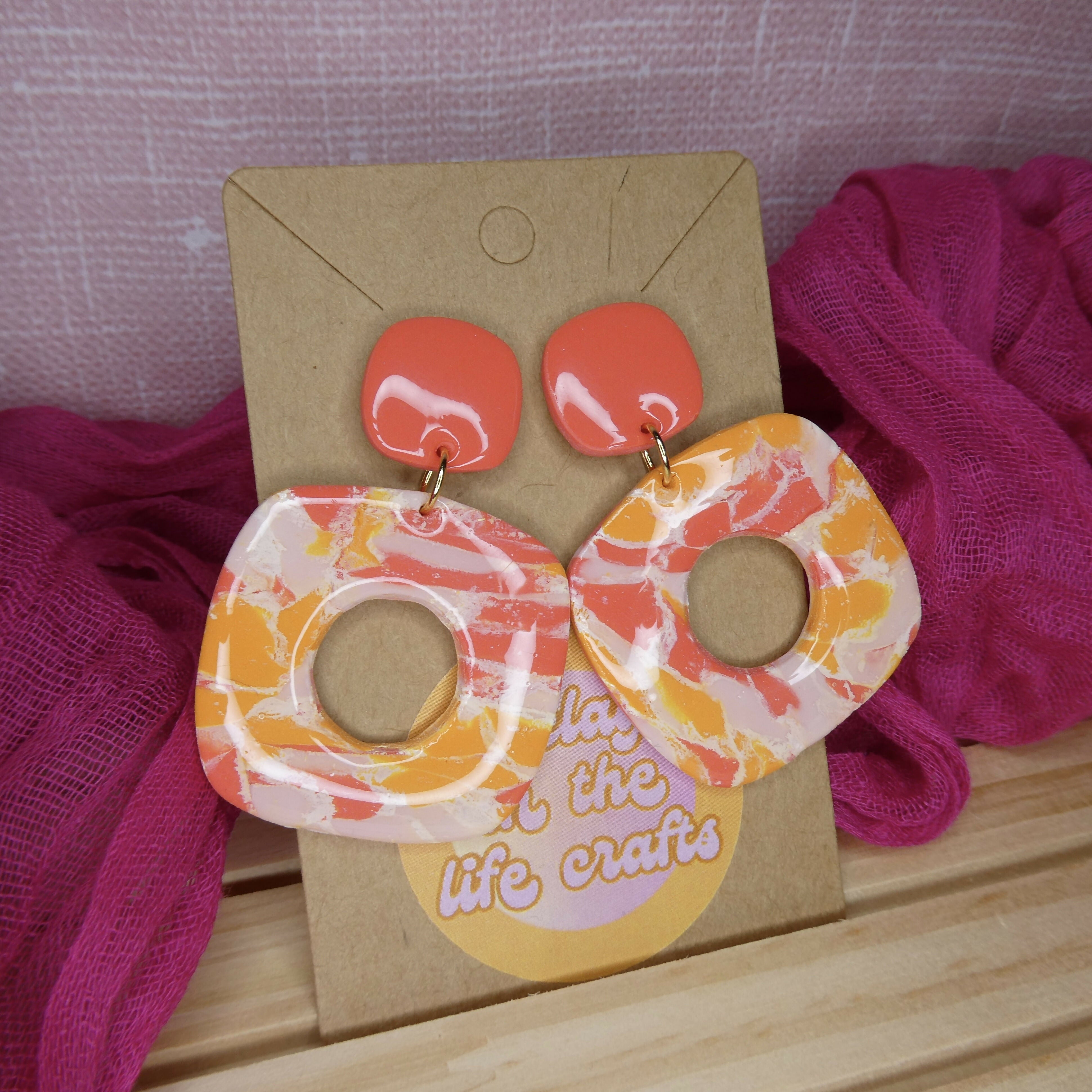 Orange Coral And Pink Mosaic Square Earrings