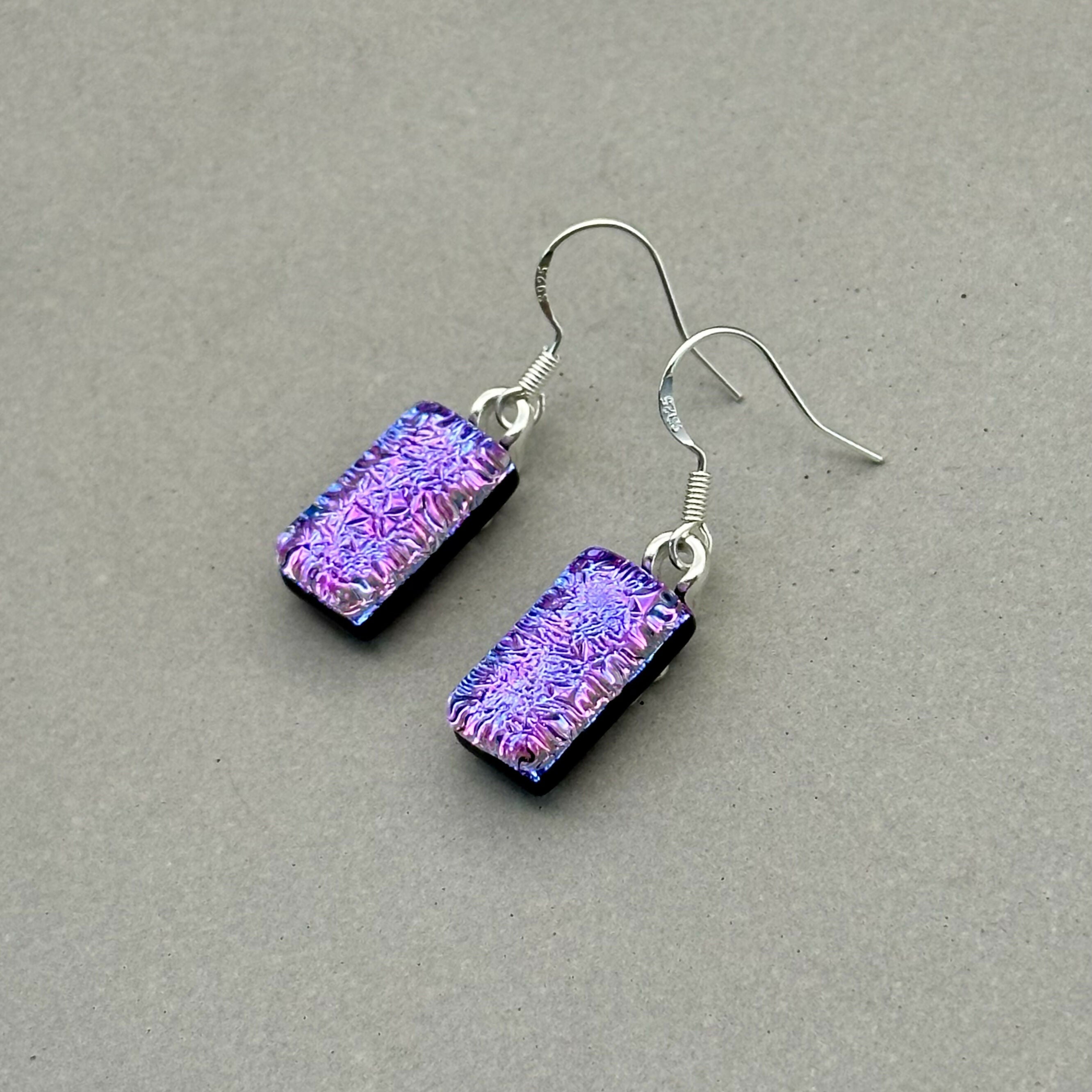Purple & Pink Crackle Dichroic Fused Glass Dangle Sterling Silver Earrings - Handmade by Jade Tapson Glass.