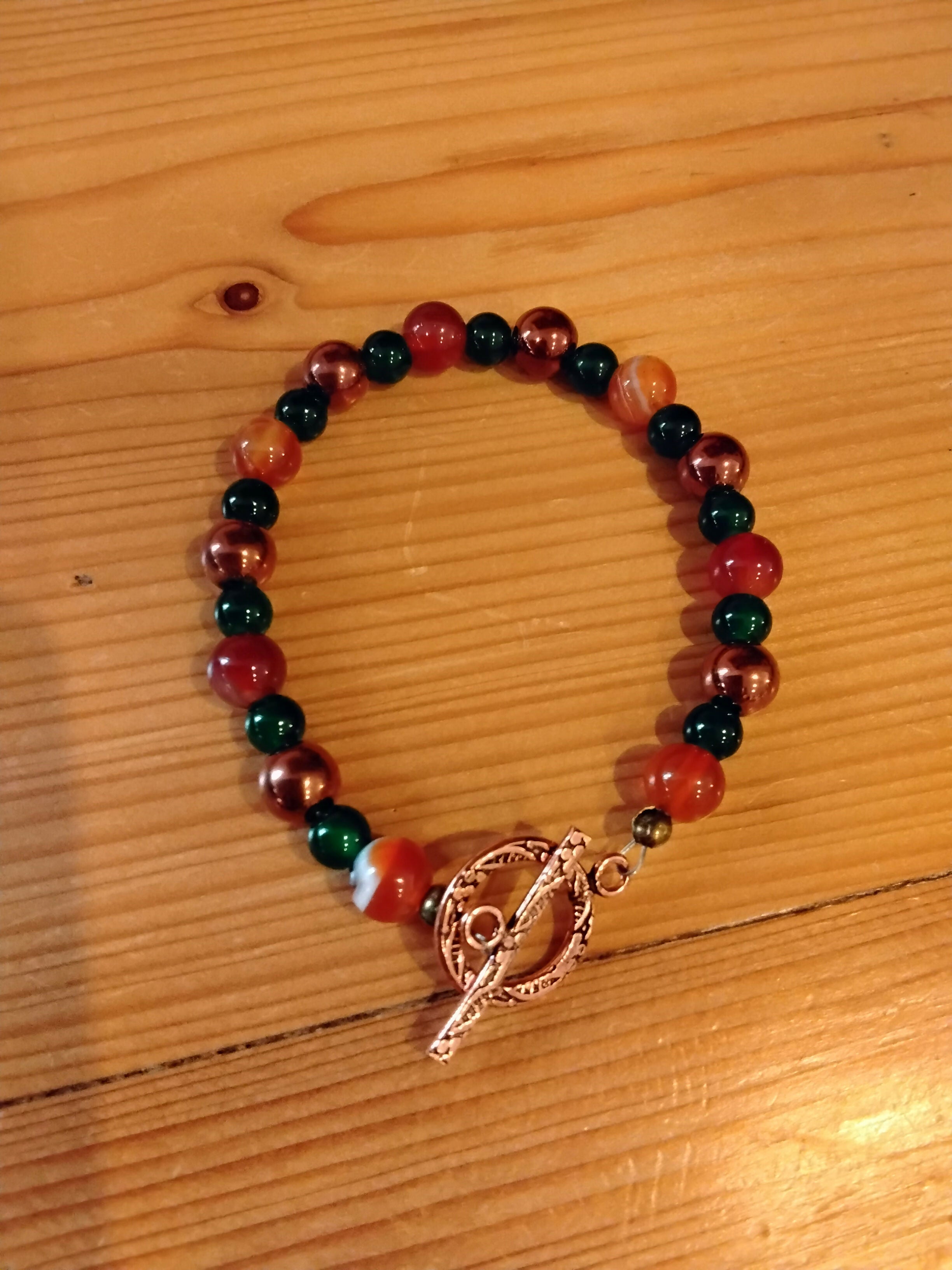 Pure Copper Toggle Catch Bracelet with Banded Carnelian, Green Chalcedony and Copper Hematite.