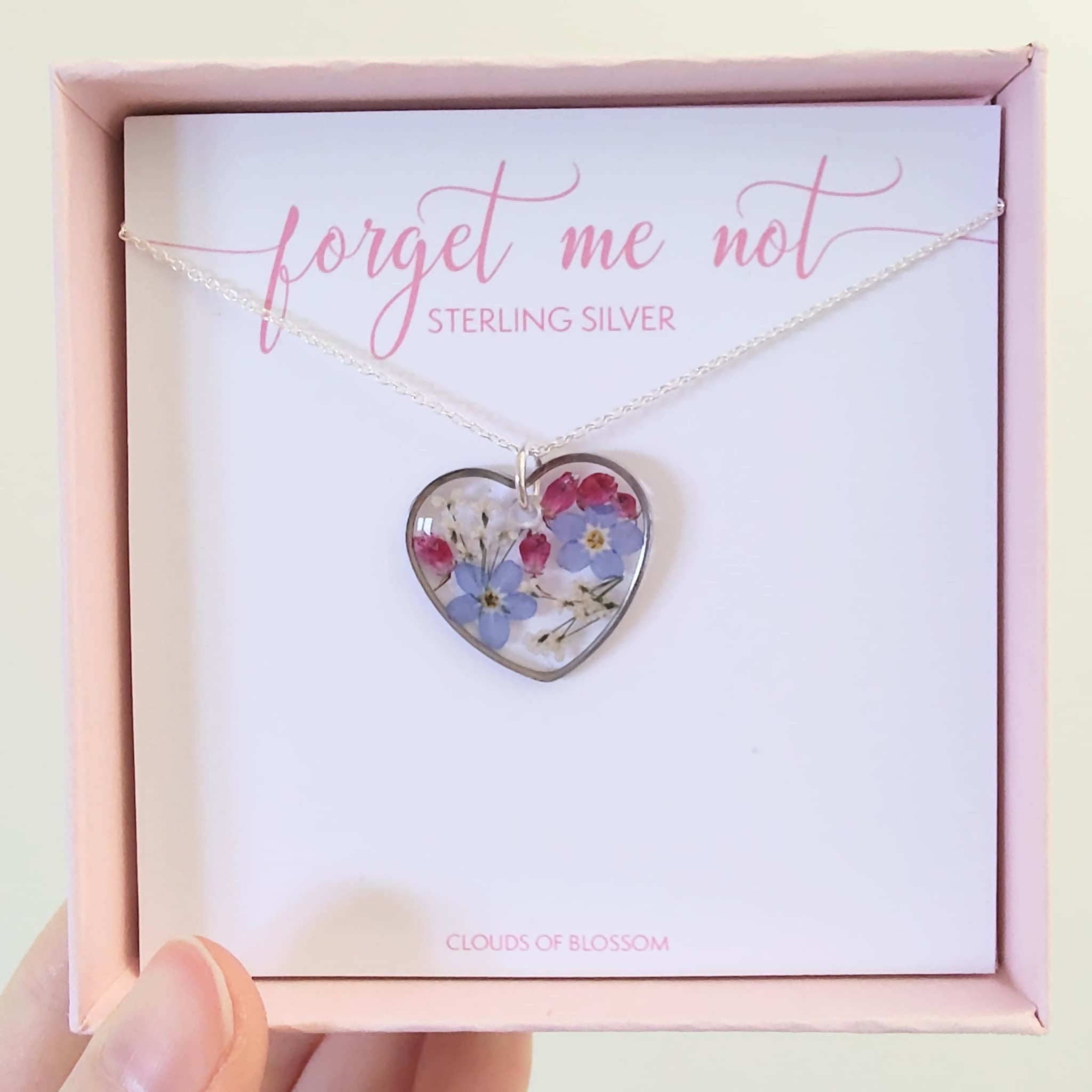 Forget Me Not Heart Necklace Sterling Silver