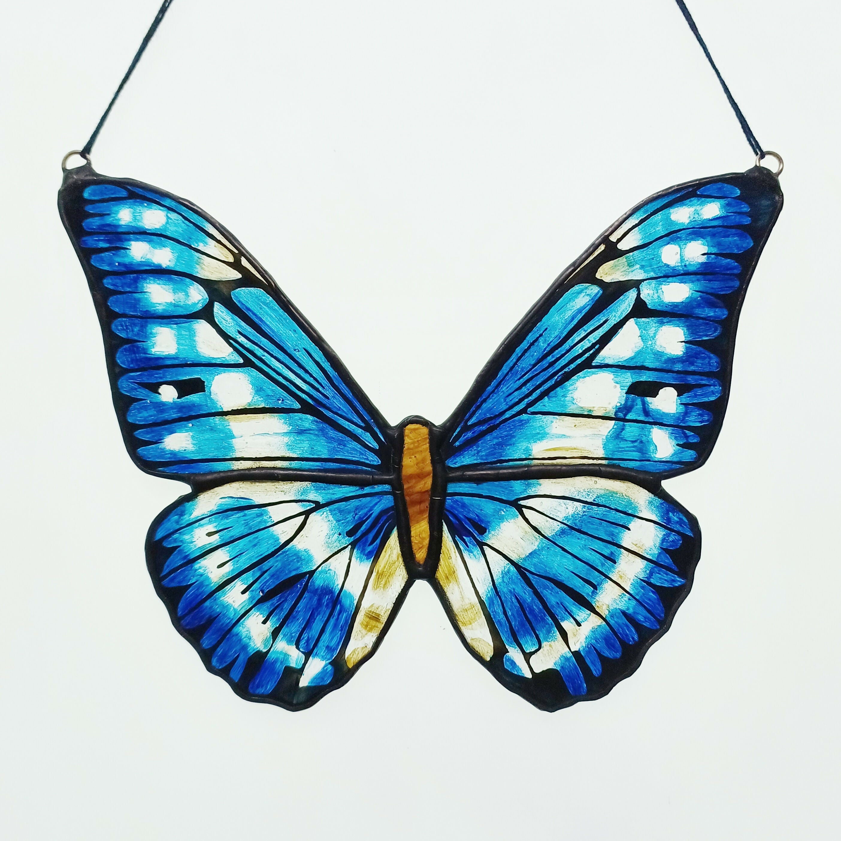 Stained Glass Blue Morpho Cypris Butterfly Suncatcher