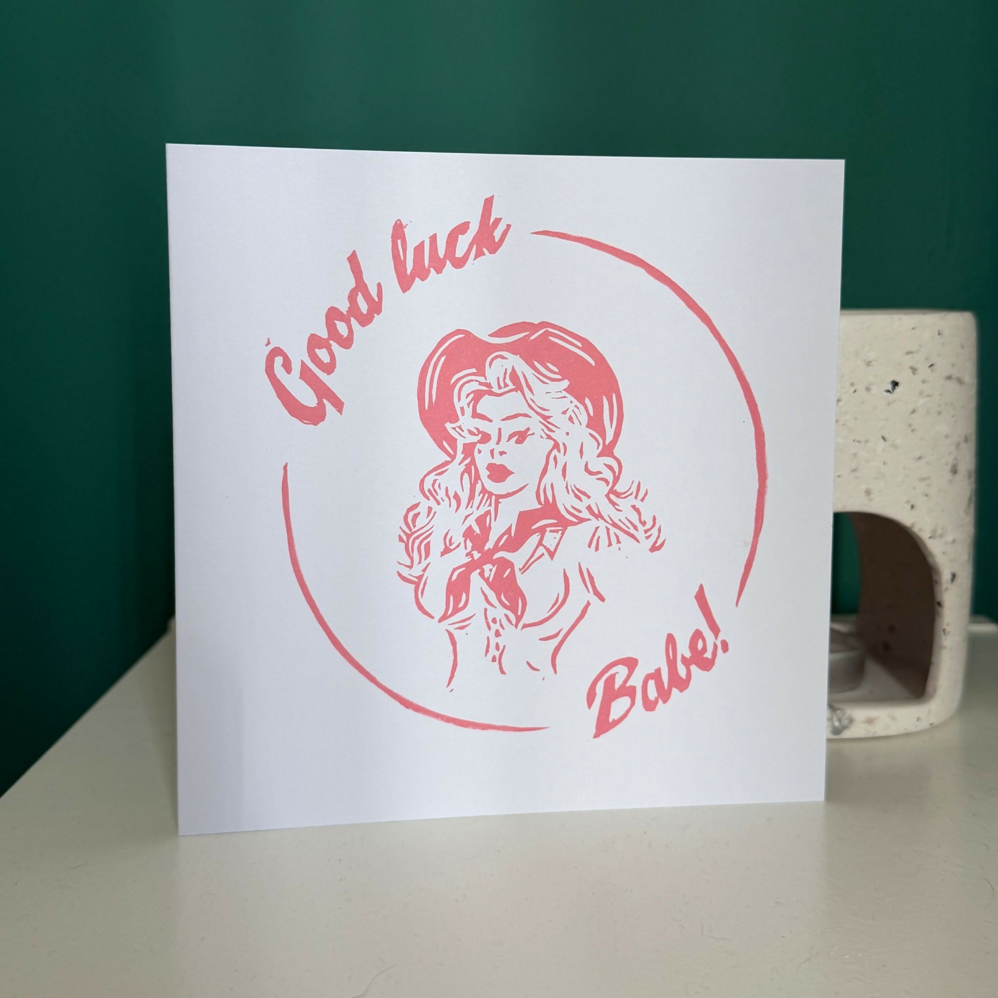 Lino Print Greeting Card - ‘Good Luck Babe!’ Cowgirl