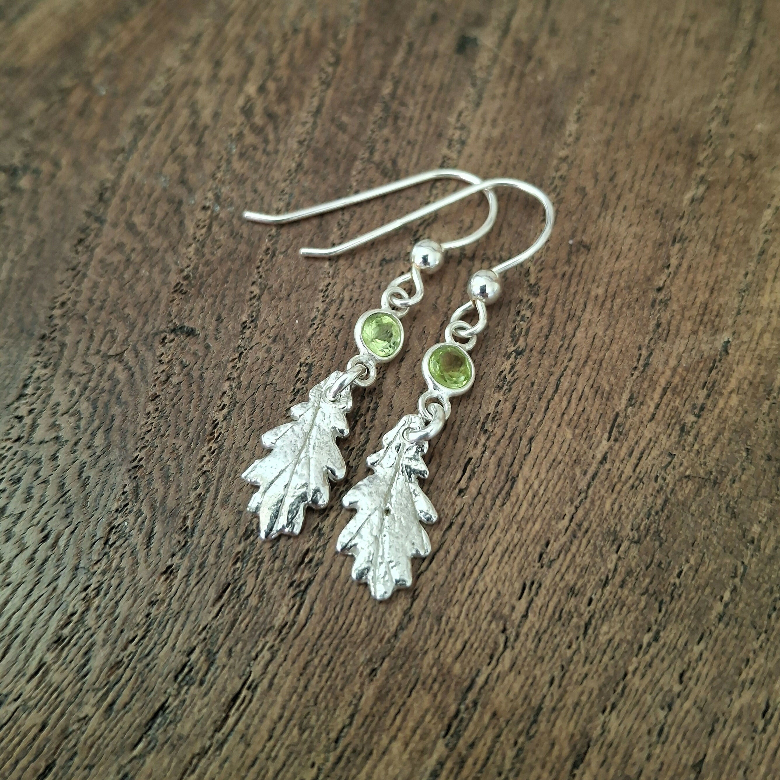 Handmade Silver Oak Leaf Earrings With Peridot Stones