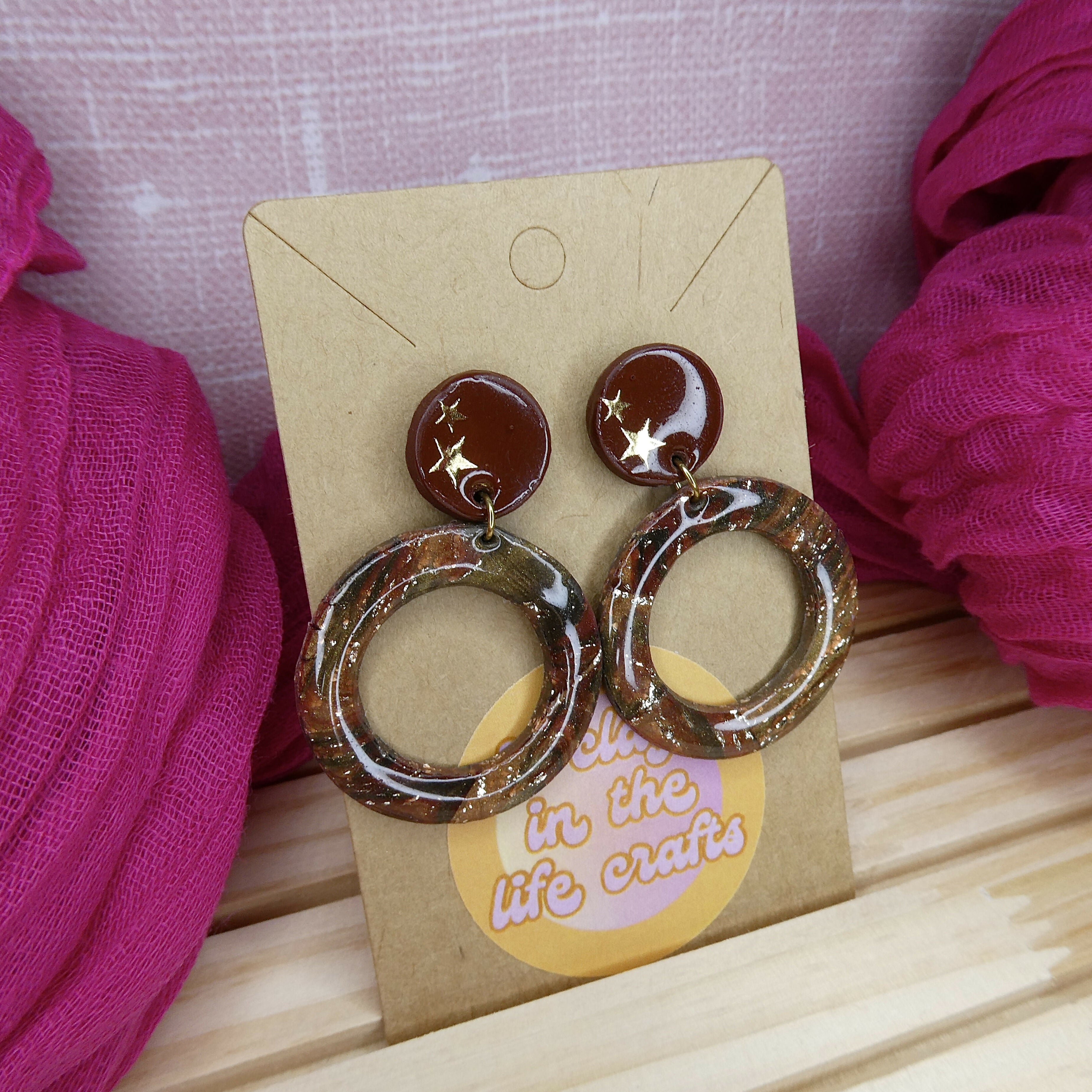 Brown Shimmery Earrings With Gold Star Detail