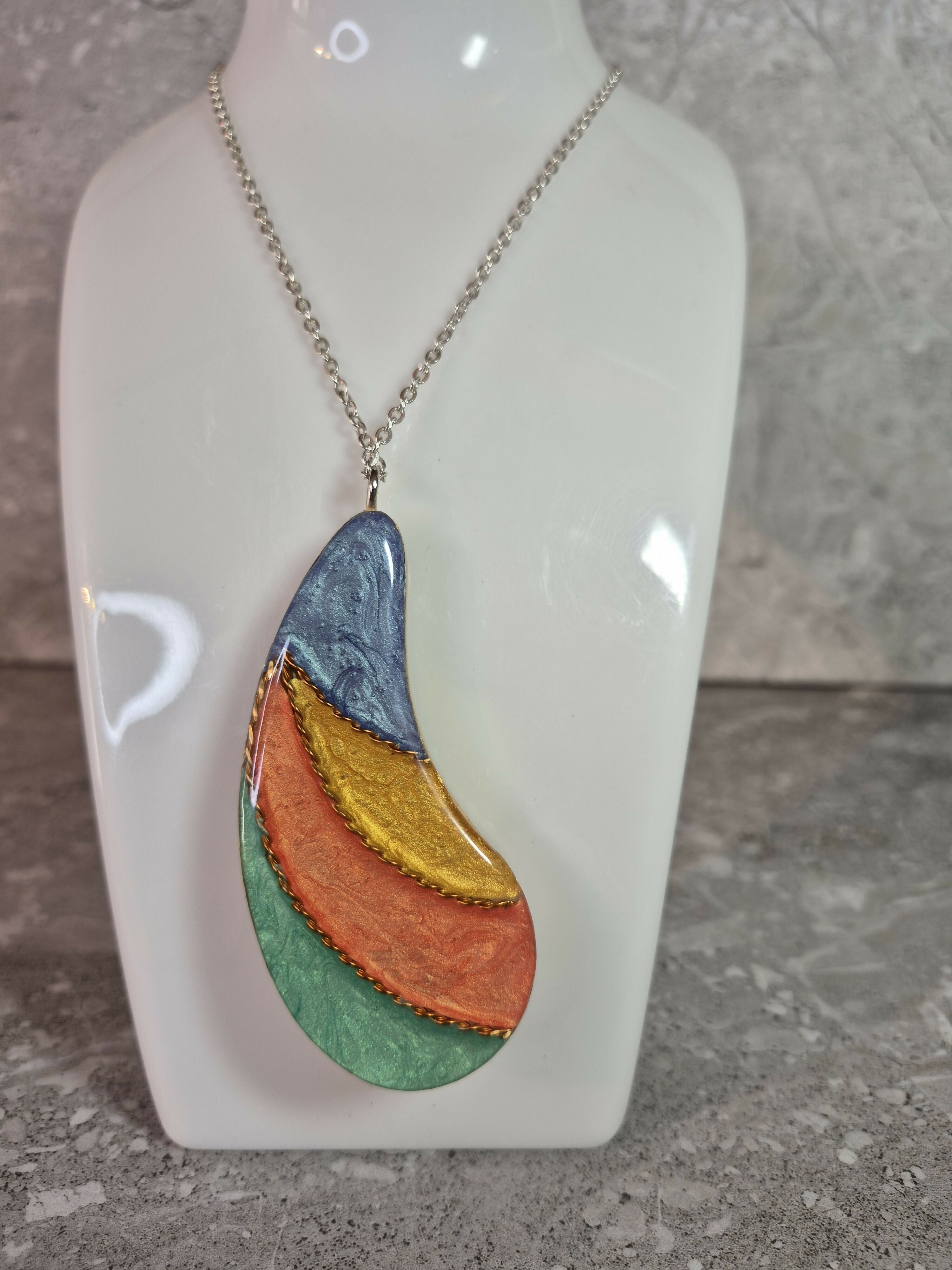 Unique Hand Crafted Double Sided Tear Drop Shape Pendant With Swirling Blue, Gold, Red and Green Colours