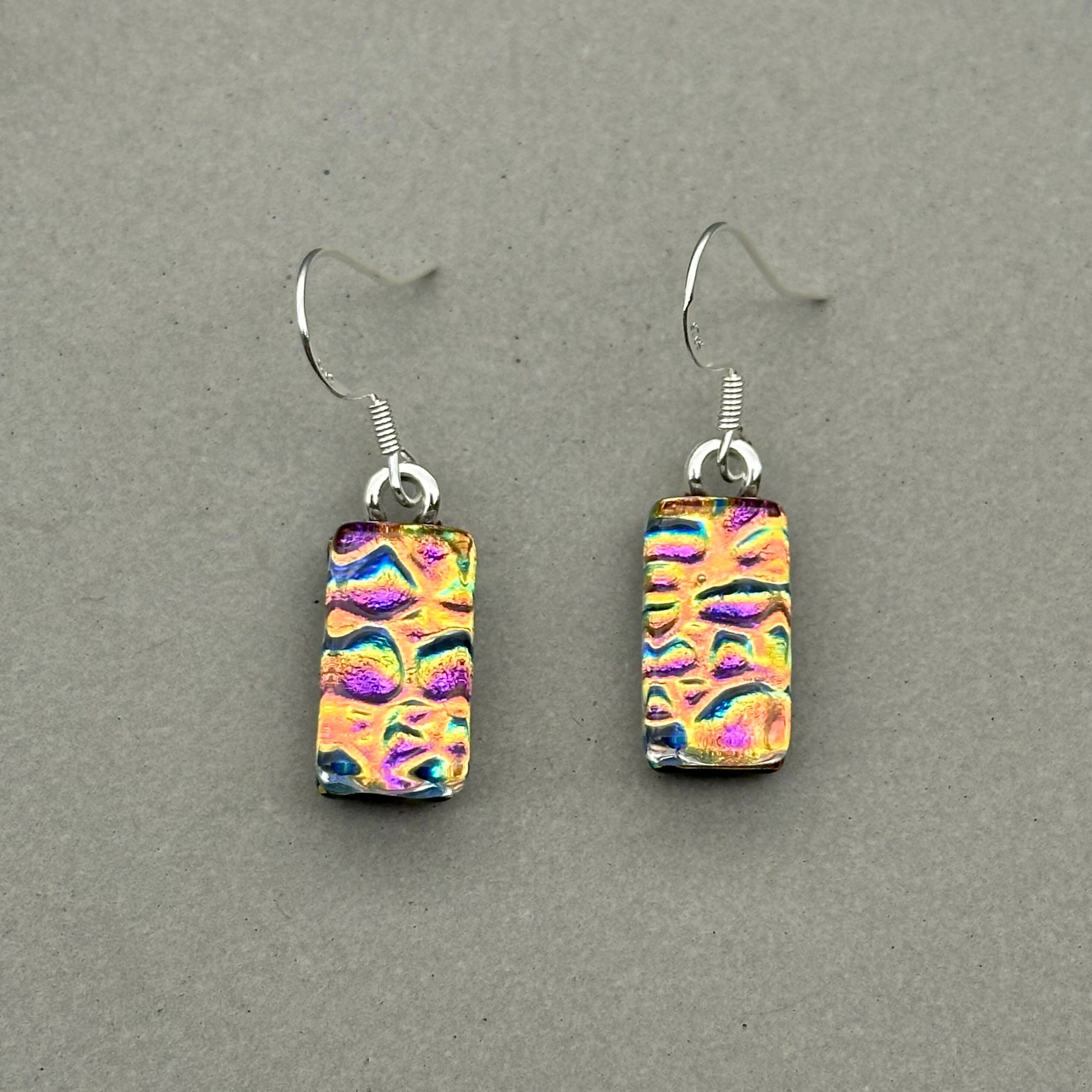 Pink & Orange Raindrop Dichroic Glass Necklace and Earrings Set - Sterling Silver, Handmade by Jade Tapson Glass