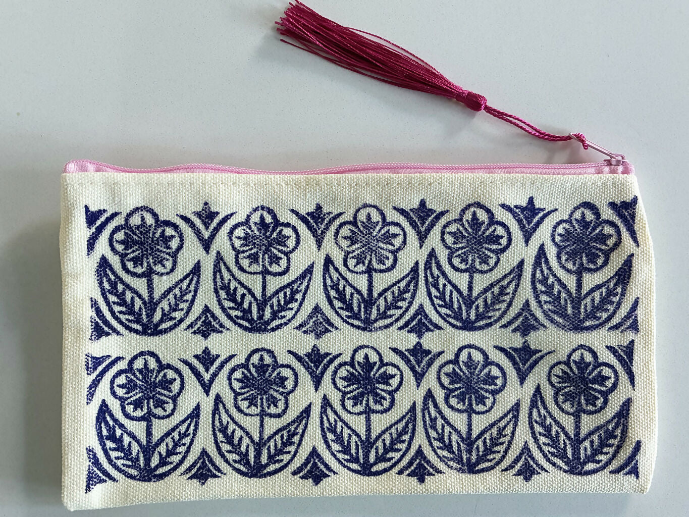 Hand printed Zip Pouch with Purple Flower Design.