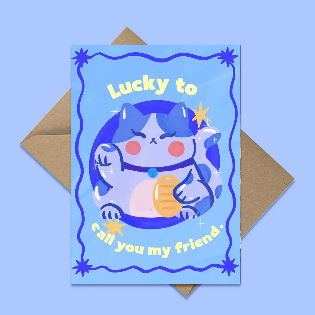 Blue Lucky Cat "Lucky To Call You My Friend" Greetings Card