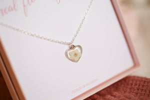 White Baby’s Breath Tiny Heart Necklace Silver Plated