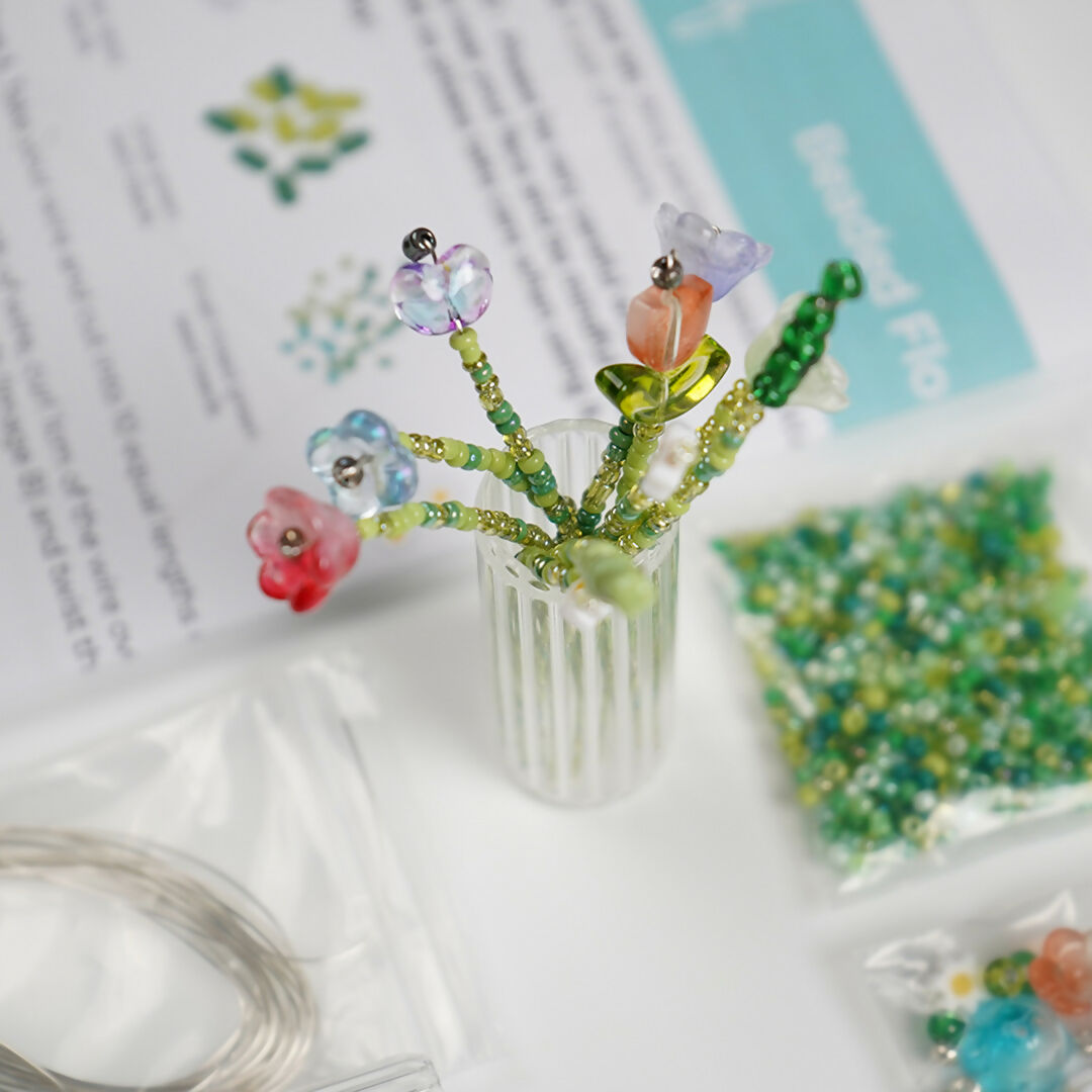 Beaded Floral Bouquet Craft Kit with Mini Glass Vase – DIY Glass Bead Flower Making Set