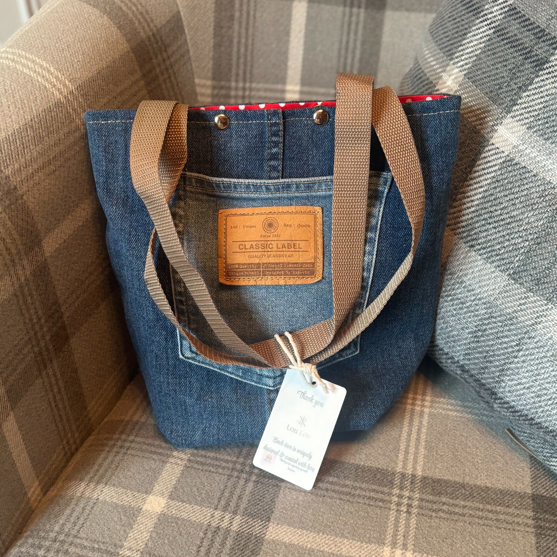 Unique Handcrafted Denim Tote Shopping Bag Handbag Made From Upcycled Jeans