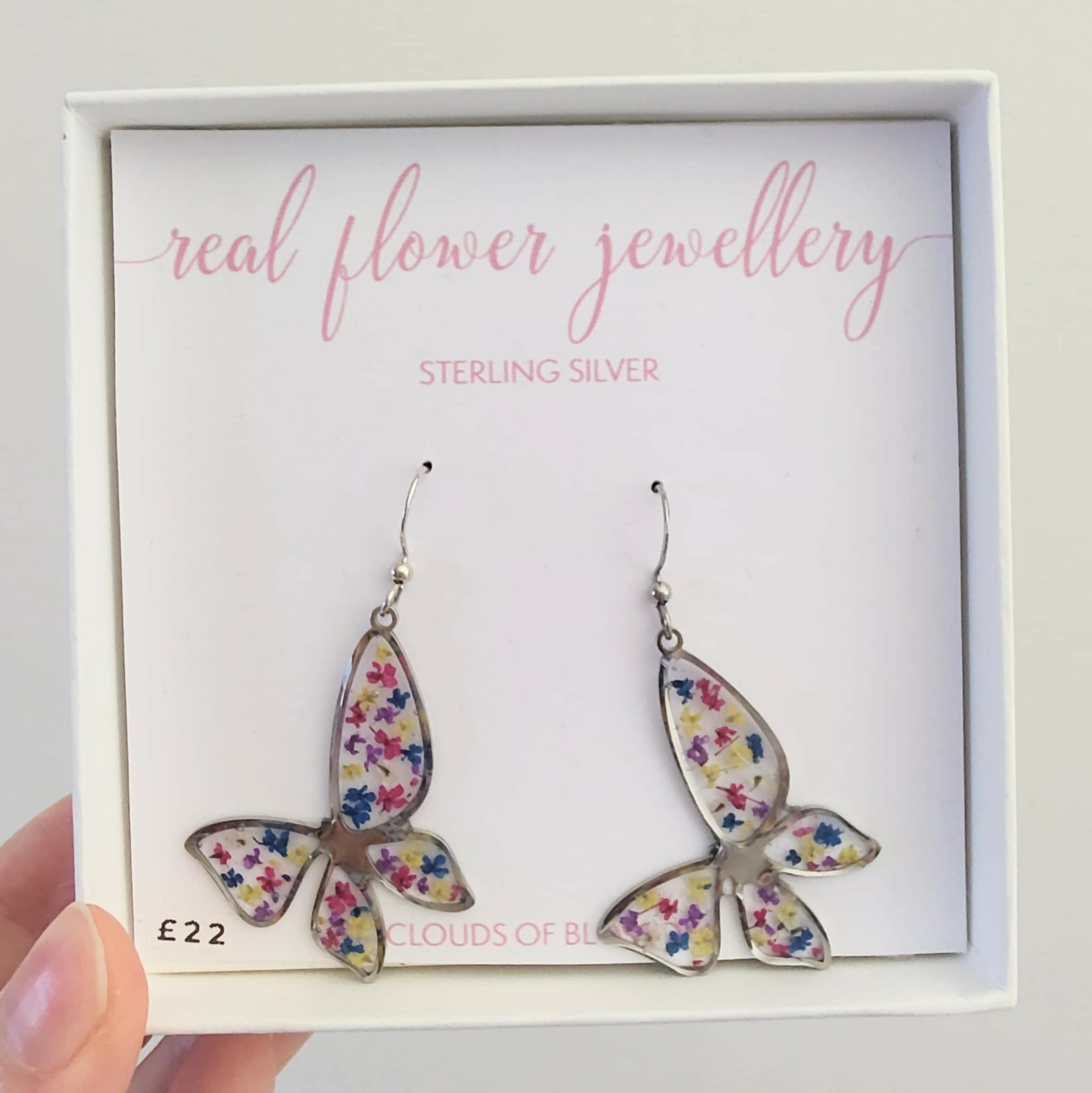 Real Flower Colourful Butterfly Earrings Sterling Silver