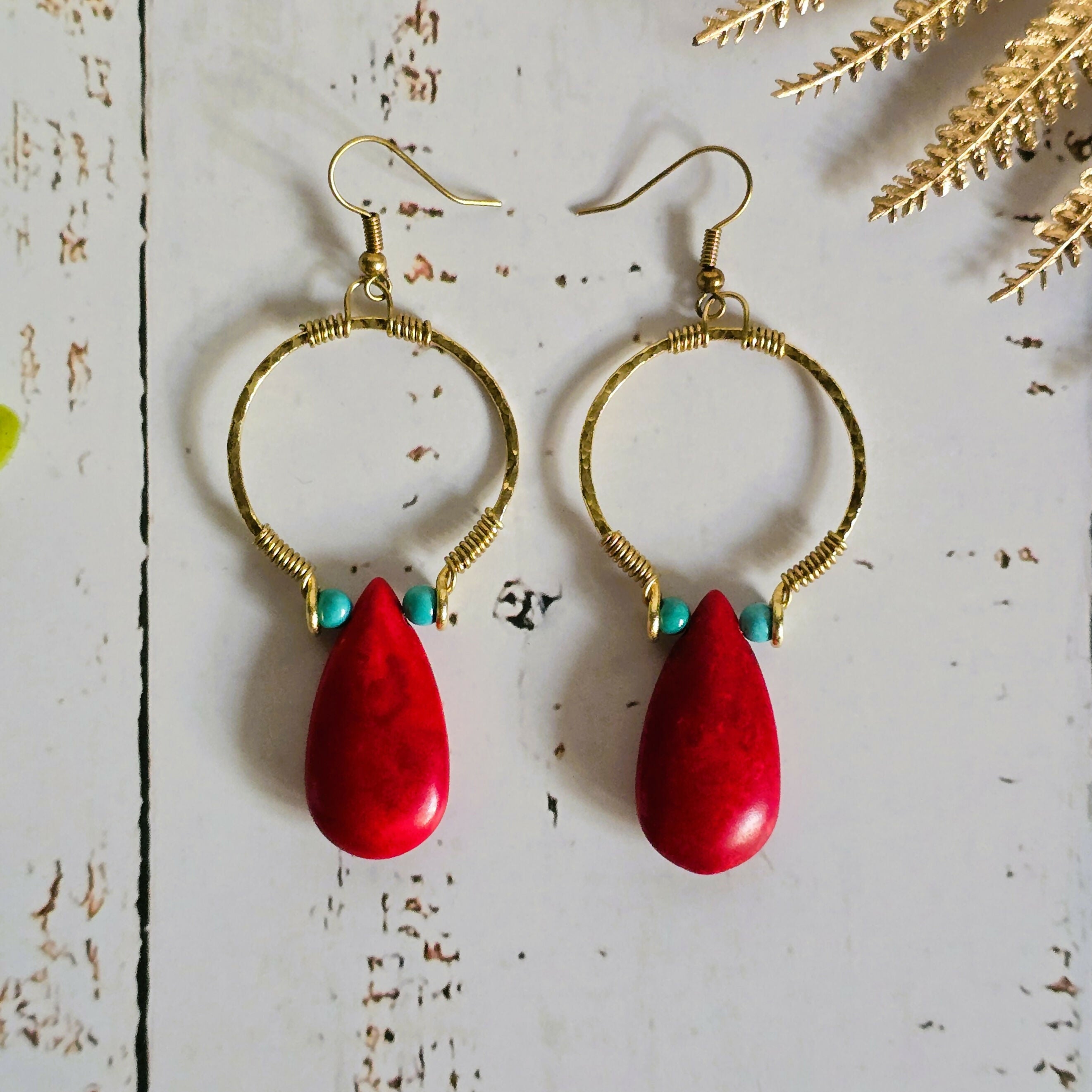 Red Howlite Gold Hoop Earrings; Hammered Brass Wire Red Crystal Turquoise Statement Earrings
