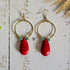 Red Howlite Gold Hoop Earrings; Hammered Brass Wire Red Crystal Turquoise Statement Earrings