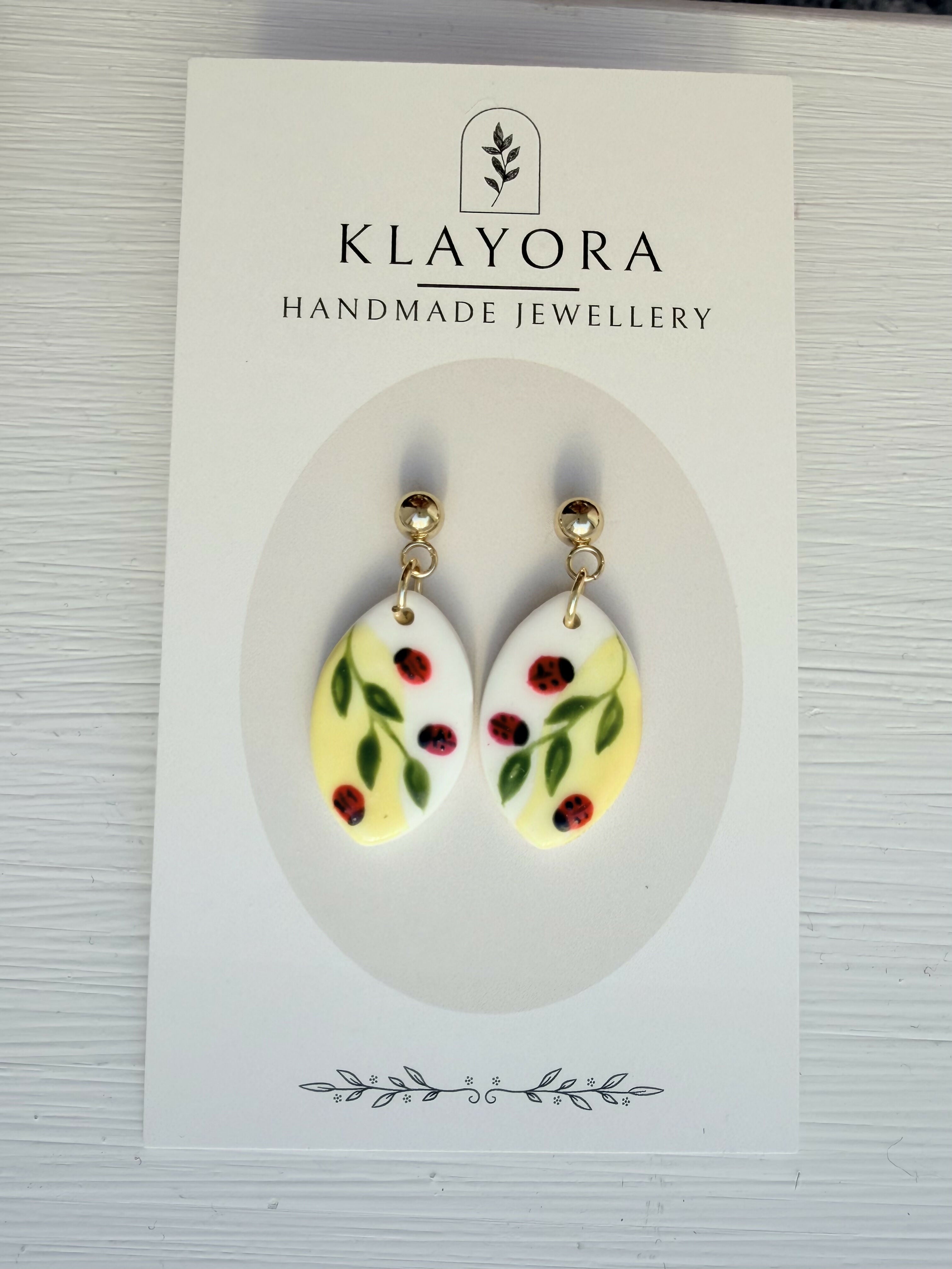 Yellow Vine and Ladybird Earrings With Gold Plated Fastenings