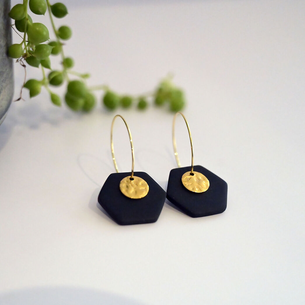 Penelope - Handmade Black Hexagonal Hoop Earrings - Polymer Clay