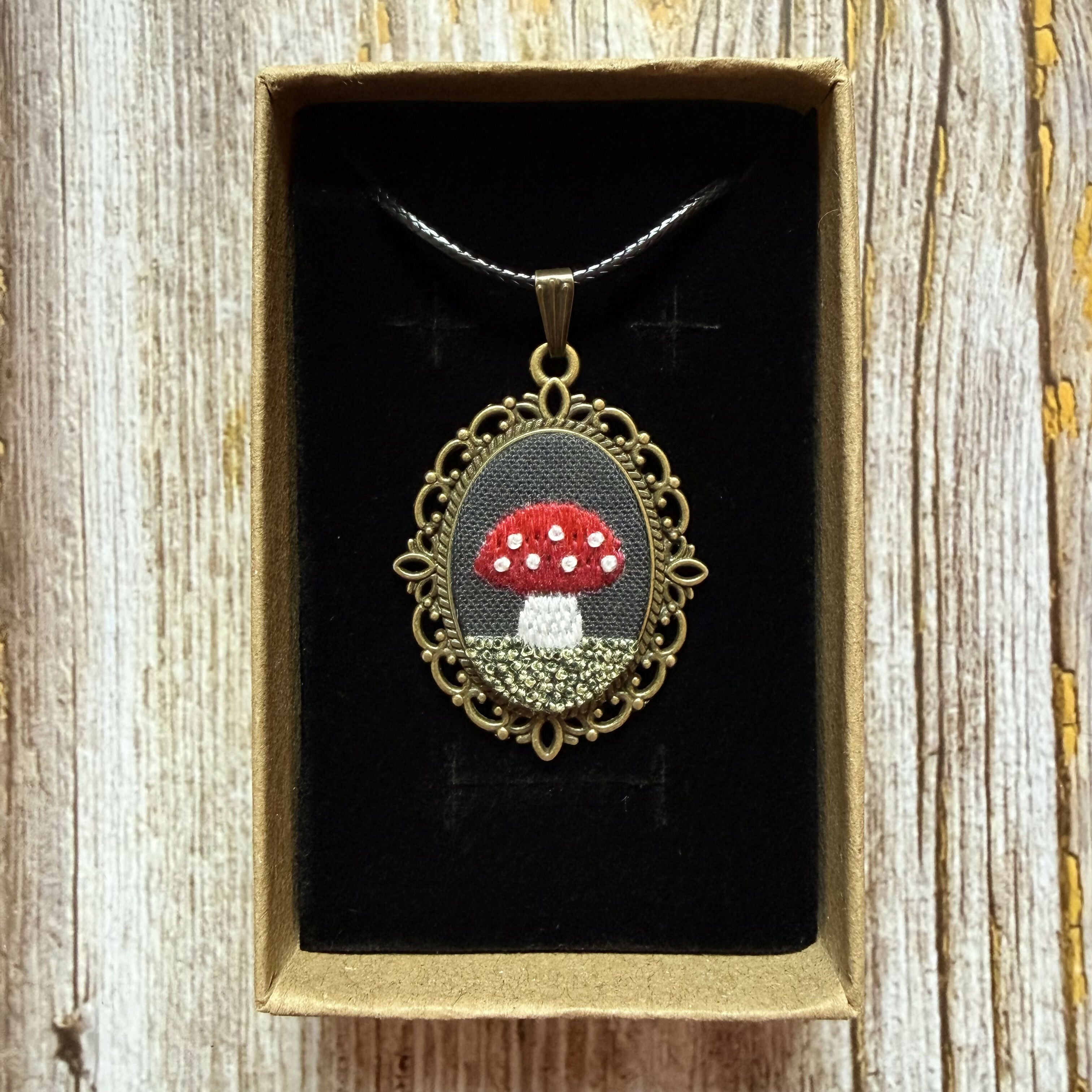 Hand Embroidered Mushroom Necklace