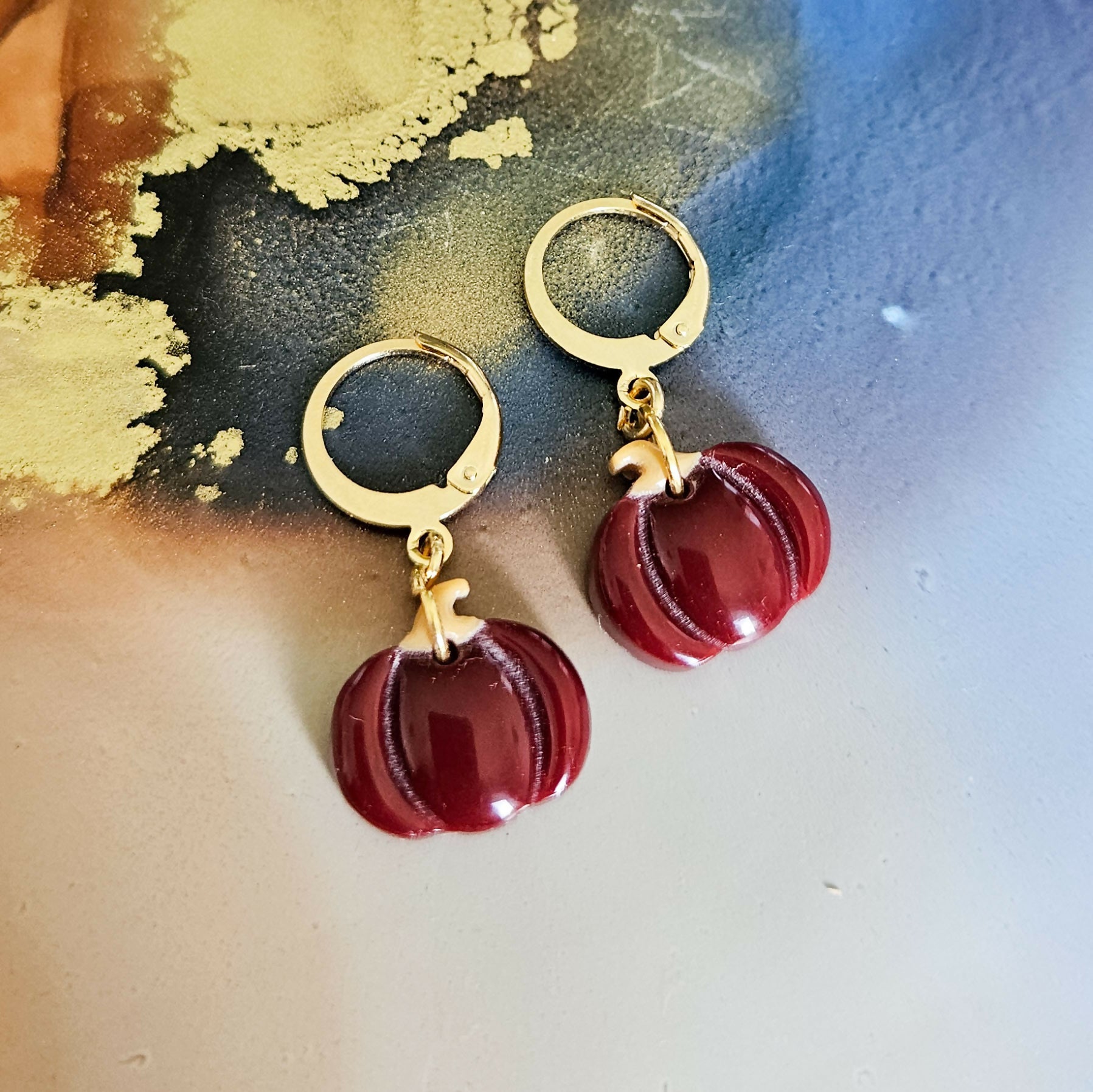 Handmade Pumpkin Autumn Resin Charms On Huggie Hoops