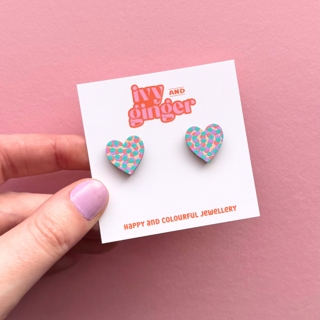 Hand Painted Wooden Midi Speckled Heart Stud Earrings