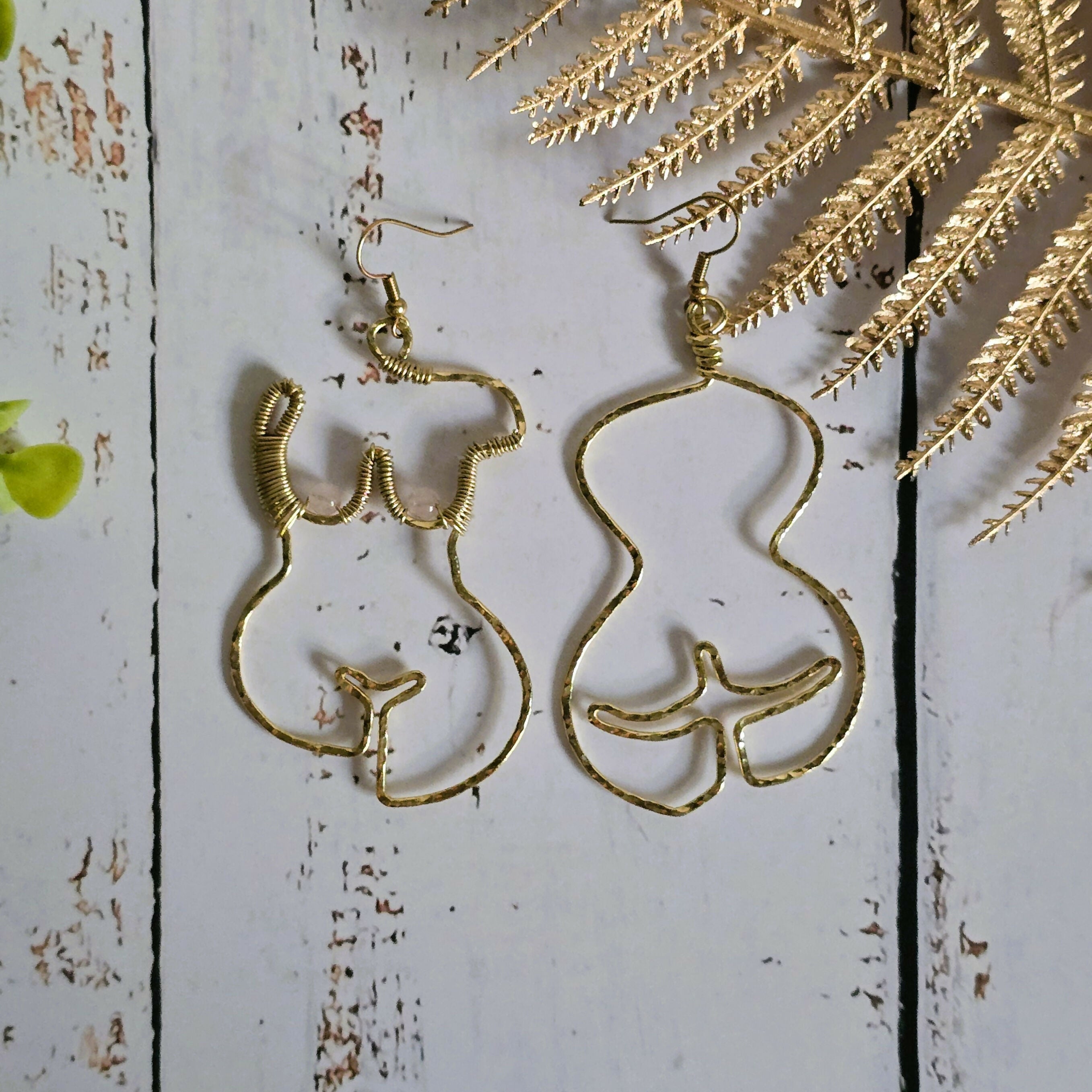Goddess Woman Form Earrings; Rose Quartz Crystal Feminist Boob Nude Art Female Empowerment Gold Wire Earrings