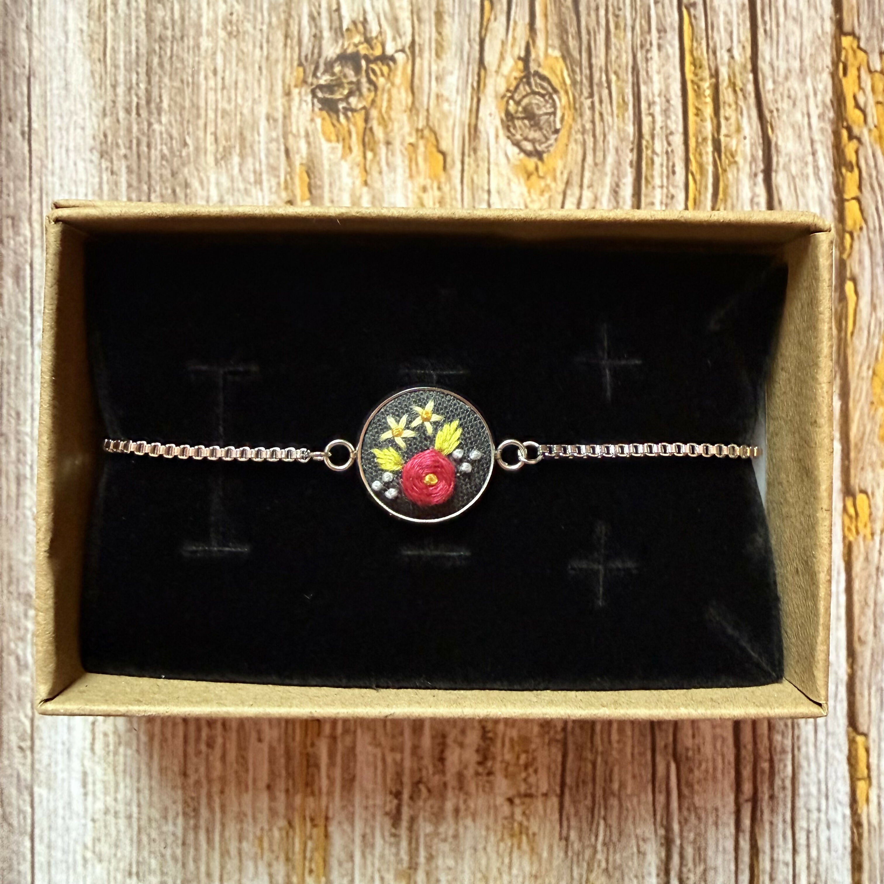 Hand Embroidered Black Floral Bracelet