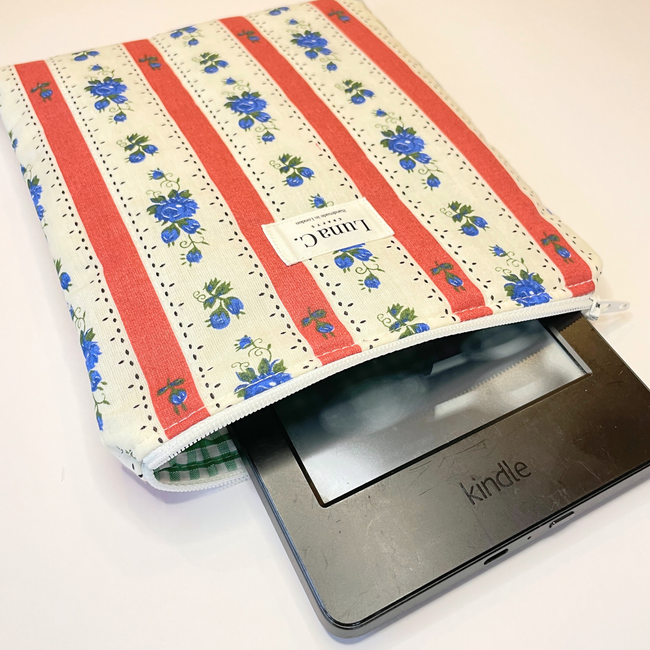 Red and White Striped Blue Floral Green Gingham Lining Book or Kindle Sleeve