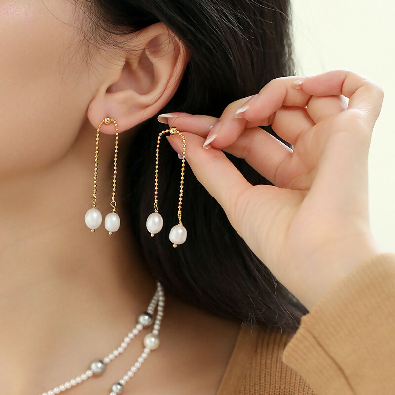 Elegant Gold Pearl Chain Earrings