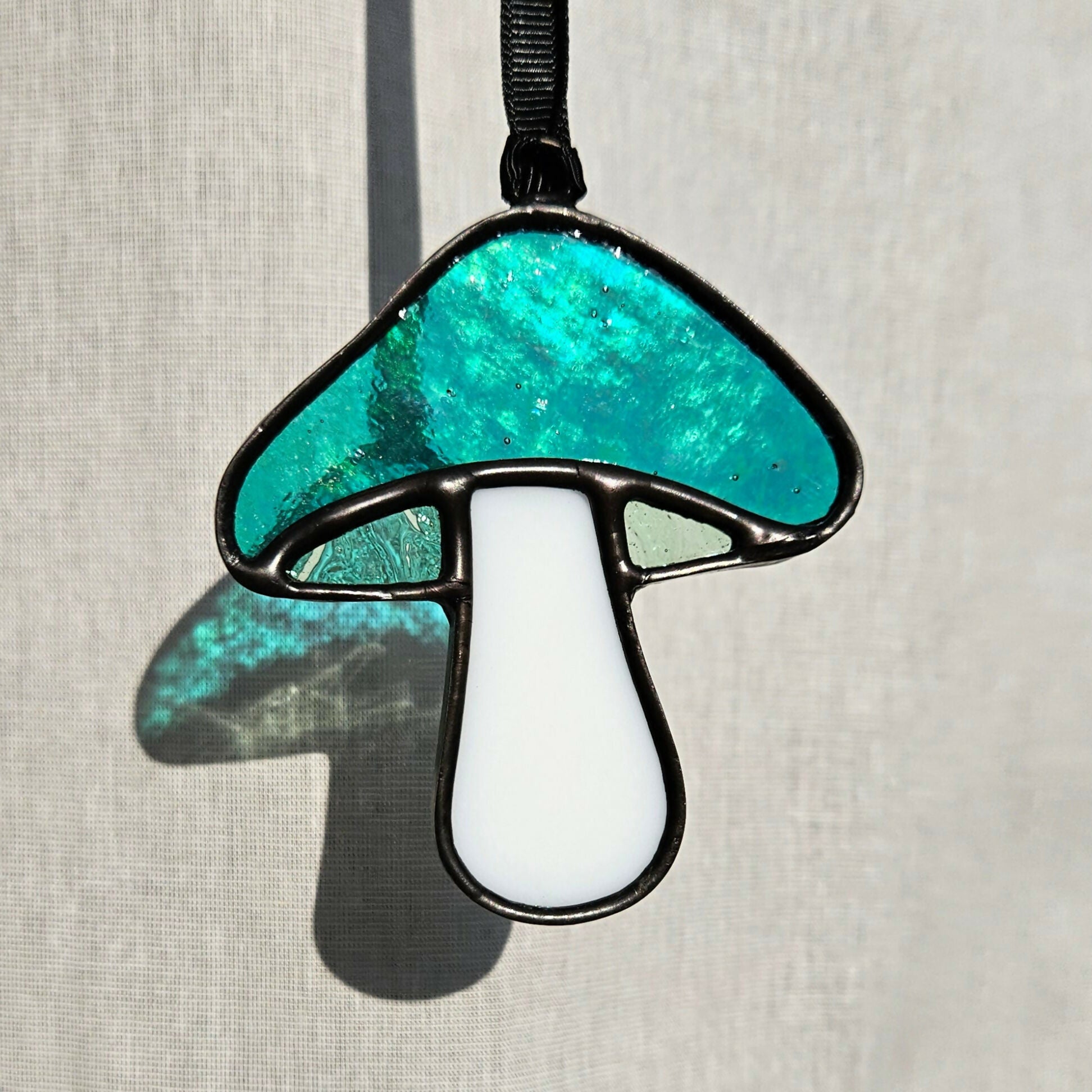 Iridescent Teal Green Mushroom Stained Glass Suncatcher