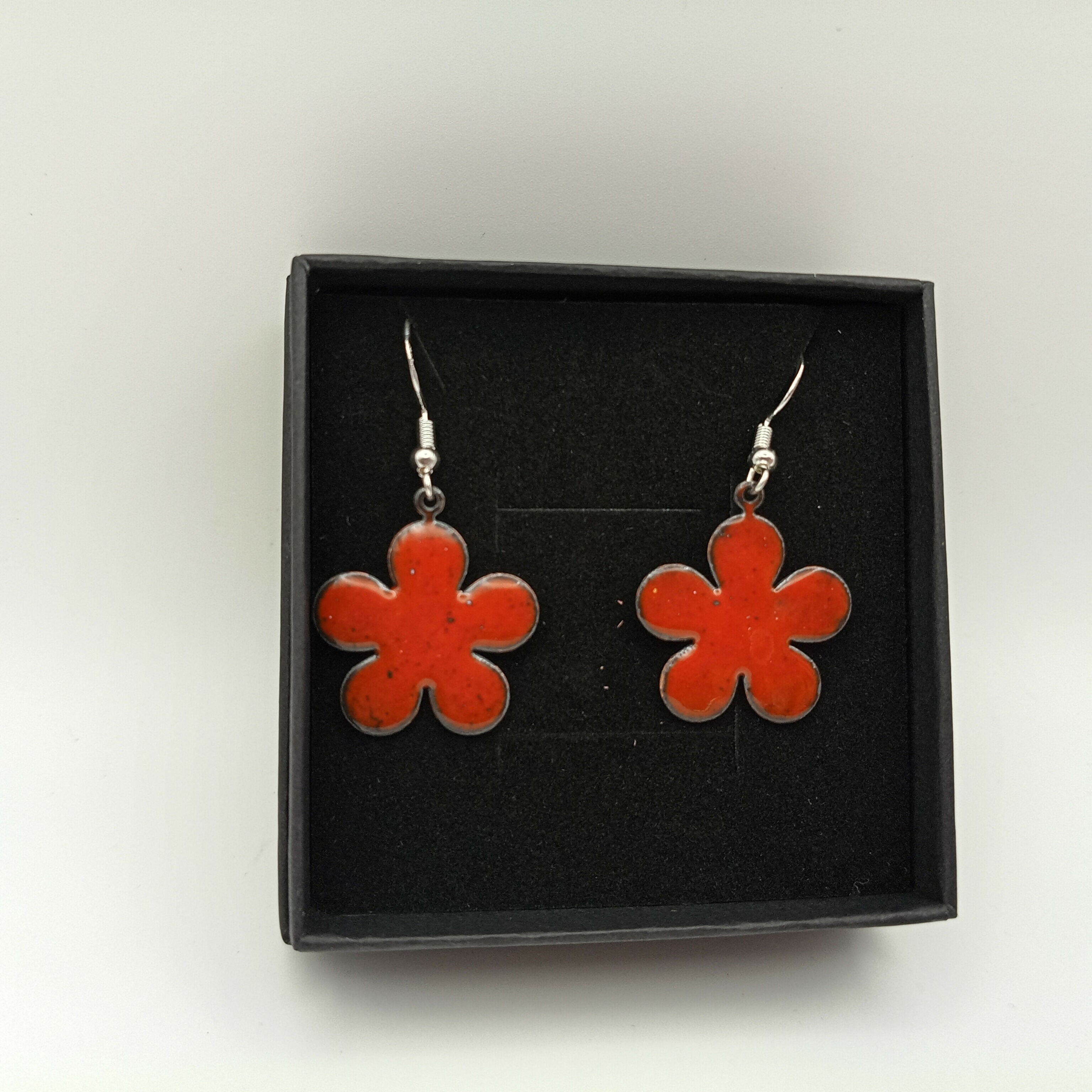 Bright Red Enamel Flower Earrings