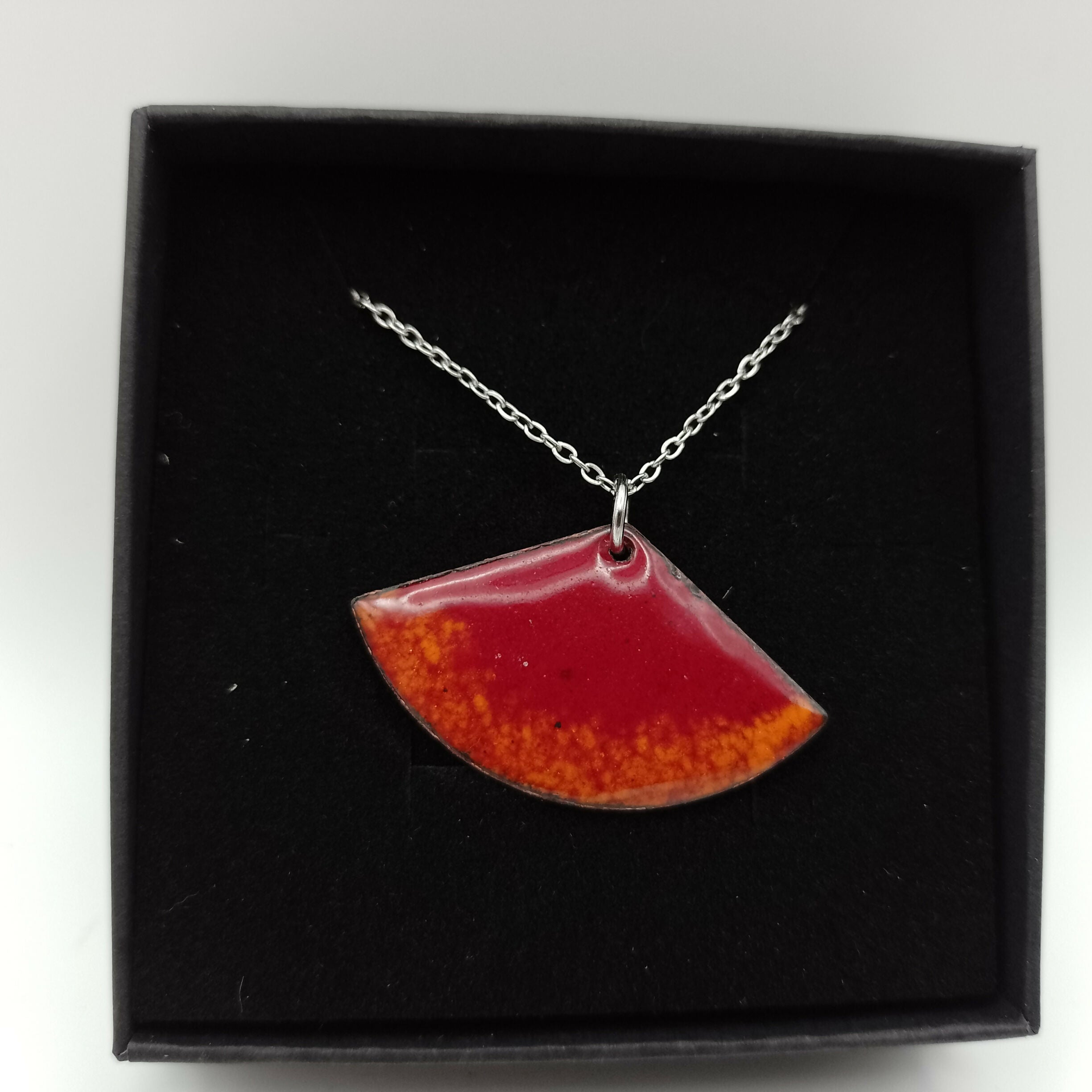 Dark Red and Orange Sprinkled Enamel Fan Pendant