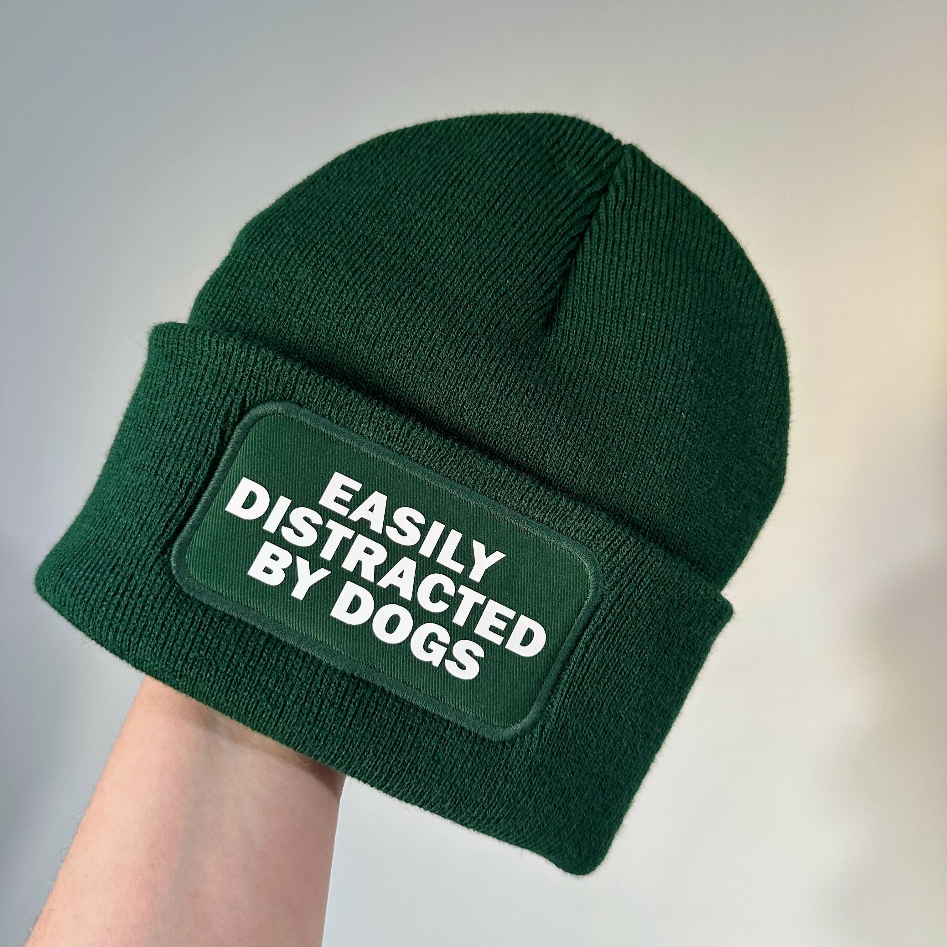 Easily Distracted By Dogs Cuffed Rectangular Patch Beanie Hat