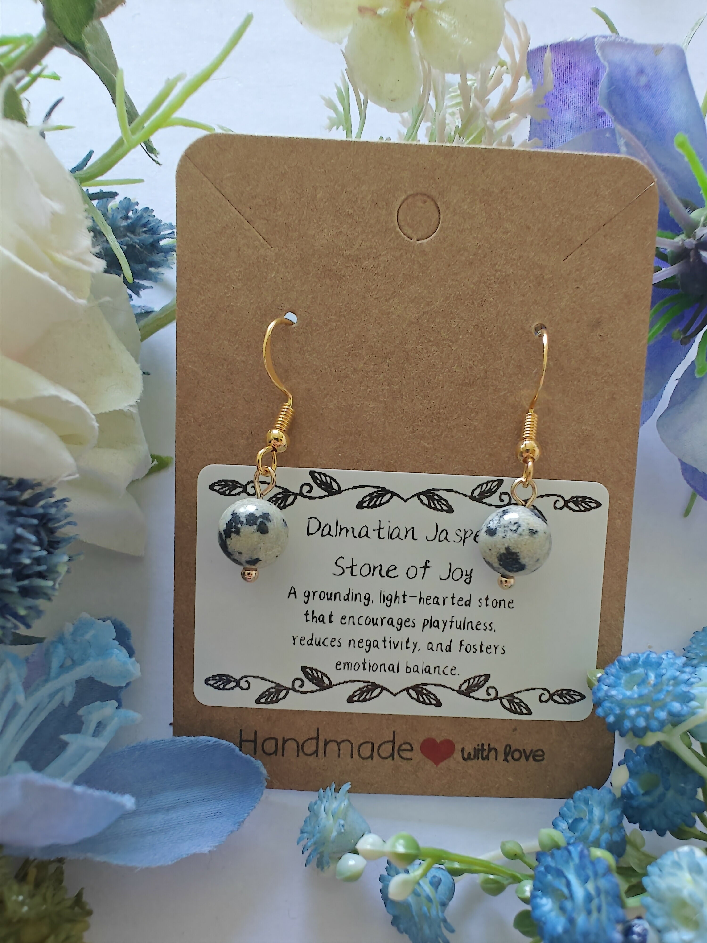 Dalmatian Jasper Earrings on Gold Coloured Sterling Silver Plated Hooks